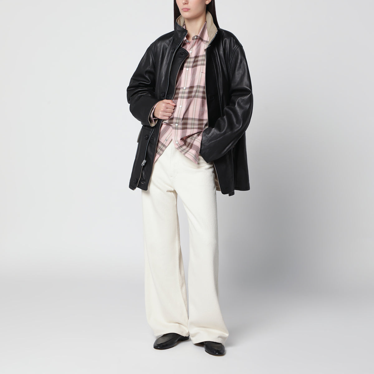 Beige/black reversible short coat in wool