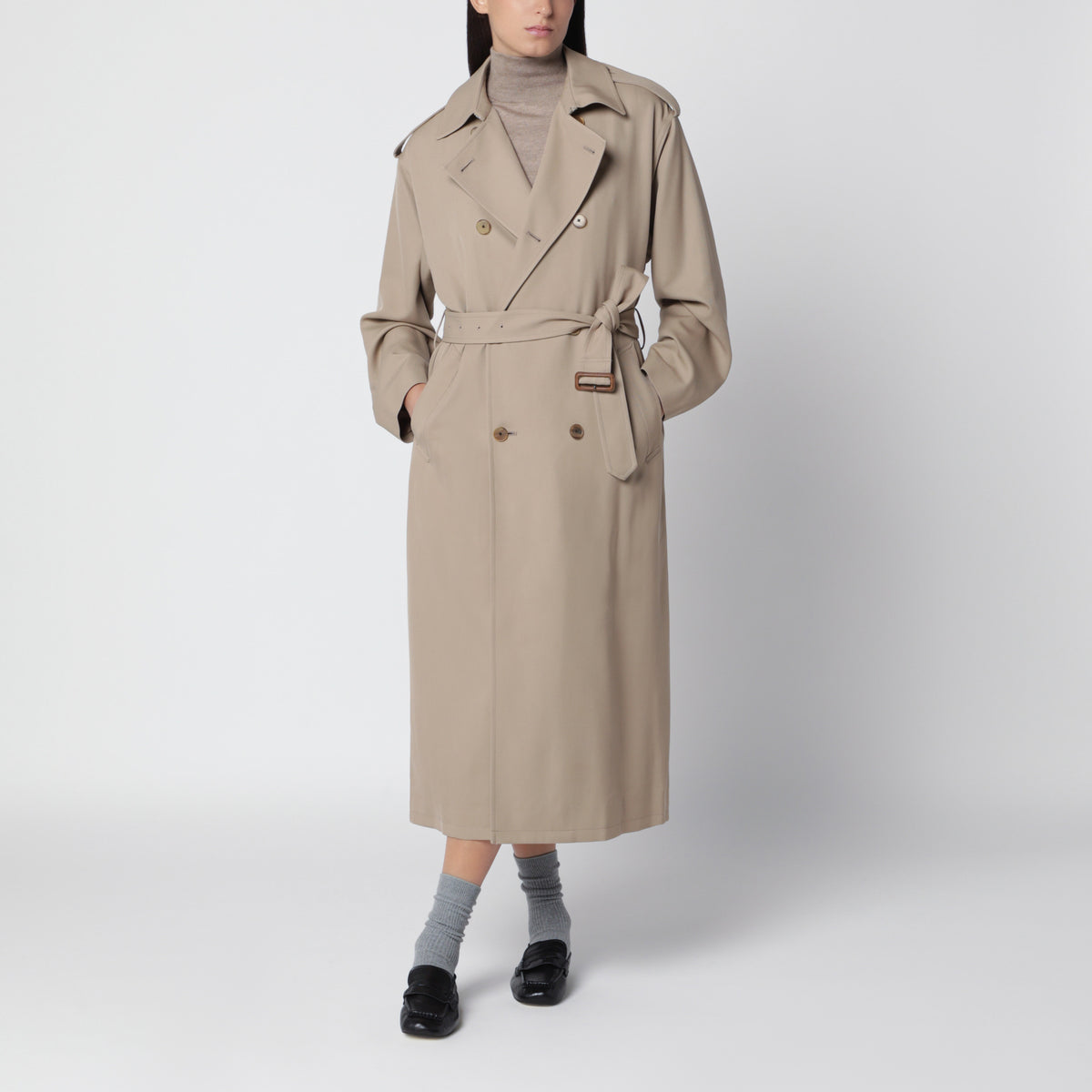 Beige wool trench coat with removable lining