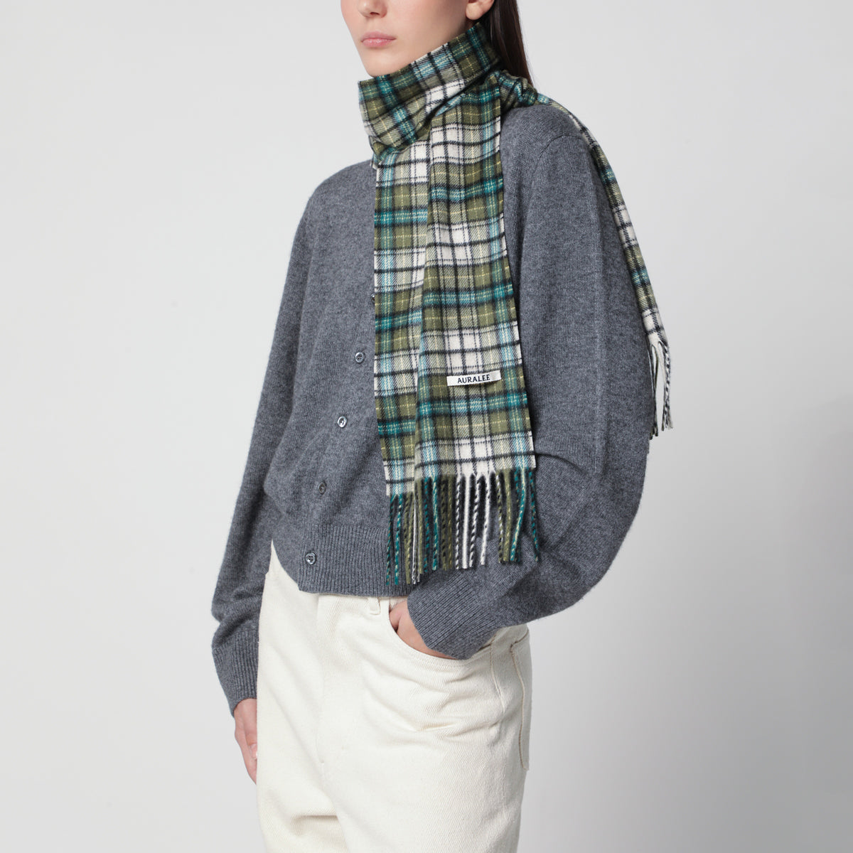 Sciarpa motivo check verde muschio in cashmere
