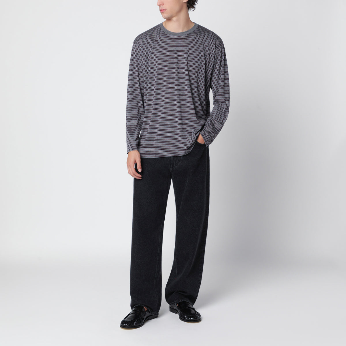 Grey striped T-shirt in wool