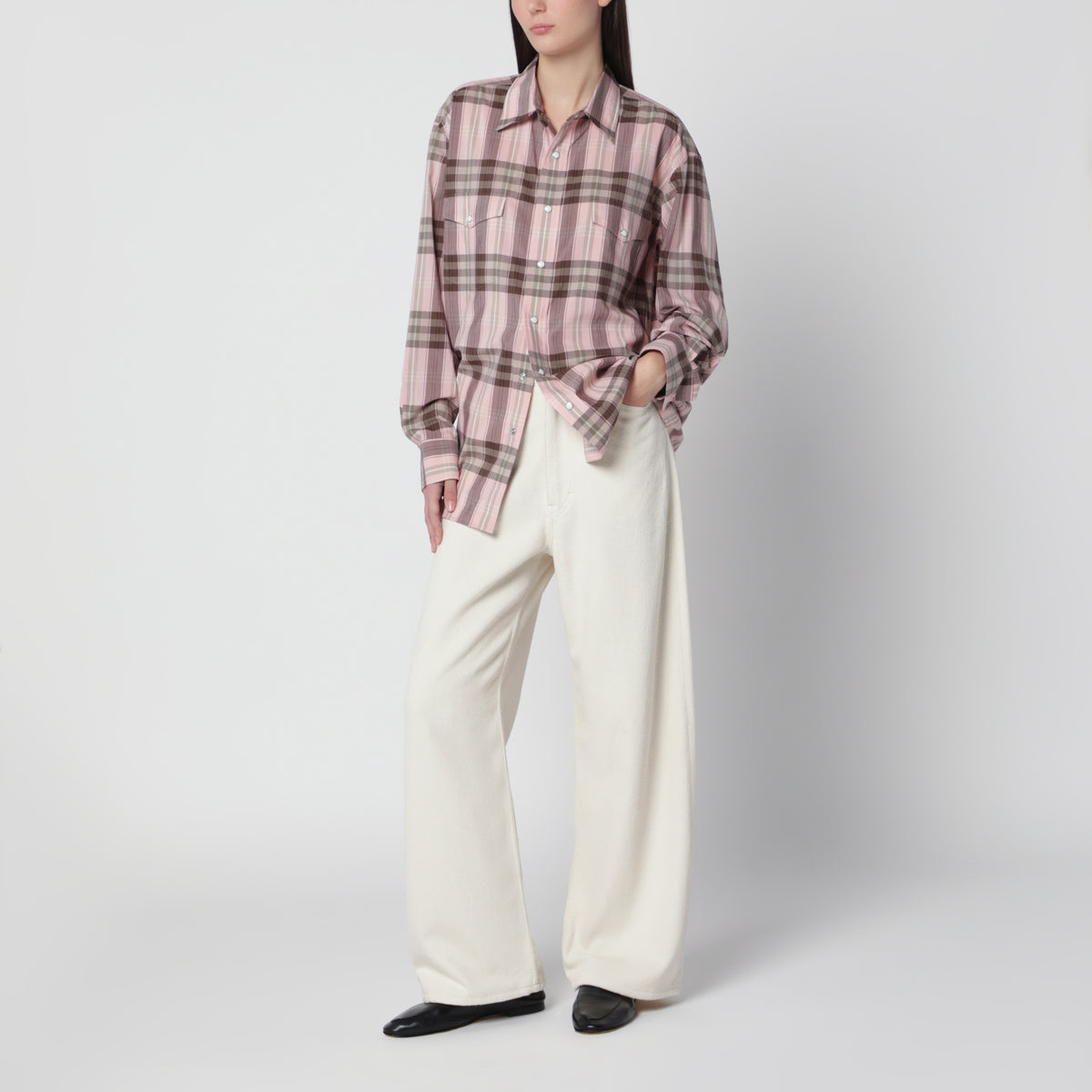 Pantaloni ampi avorio in denim di seta