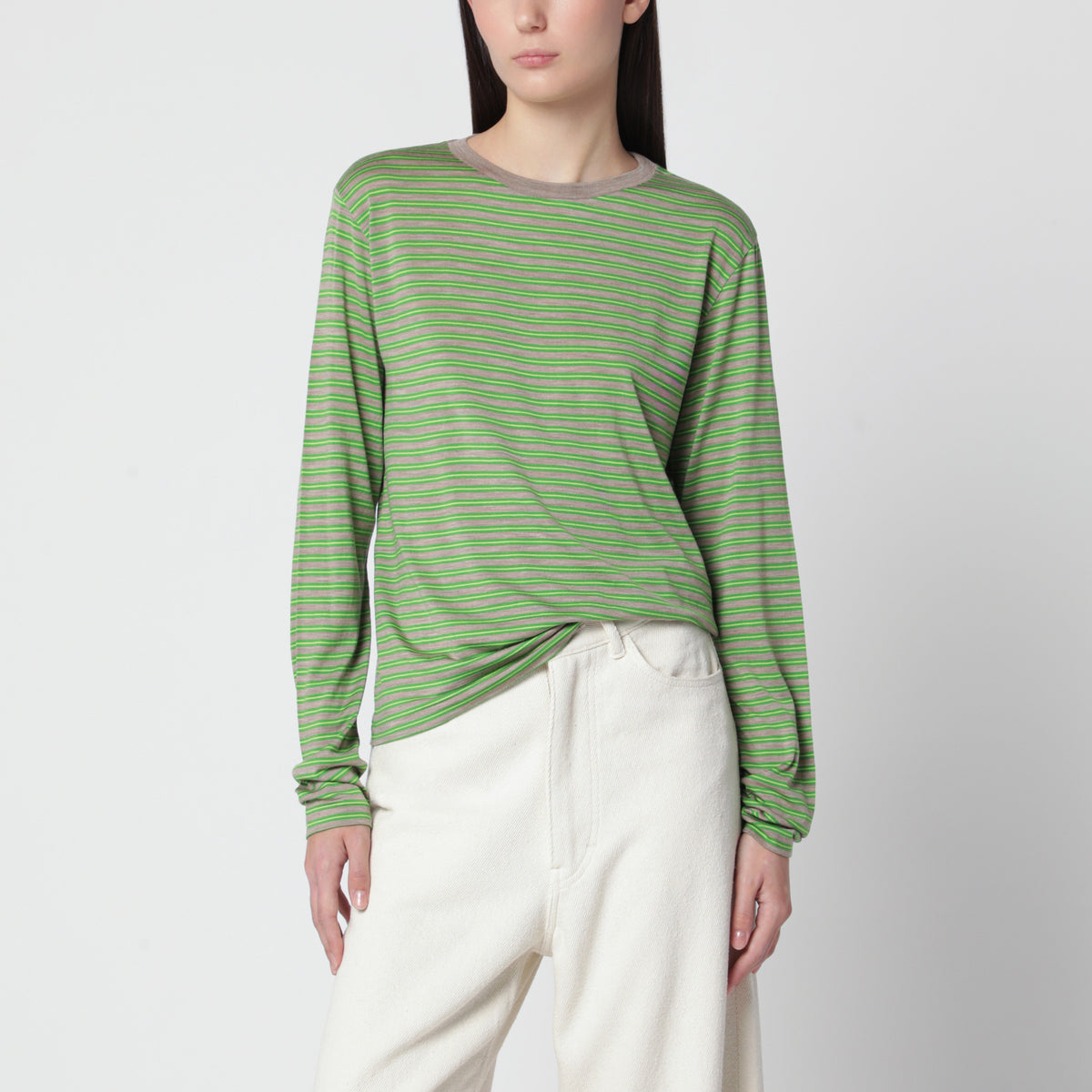 Green striped T-shirt in wool