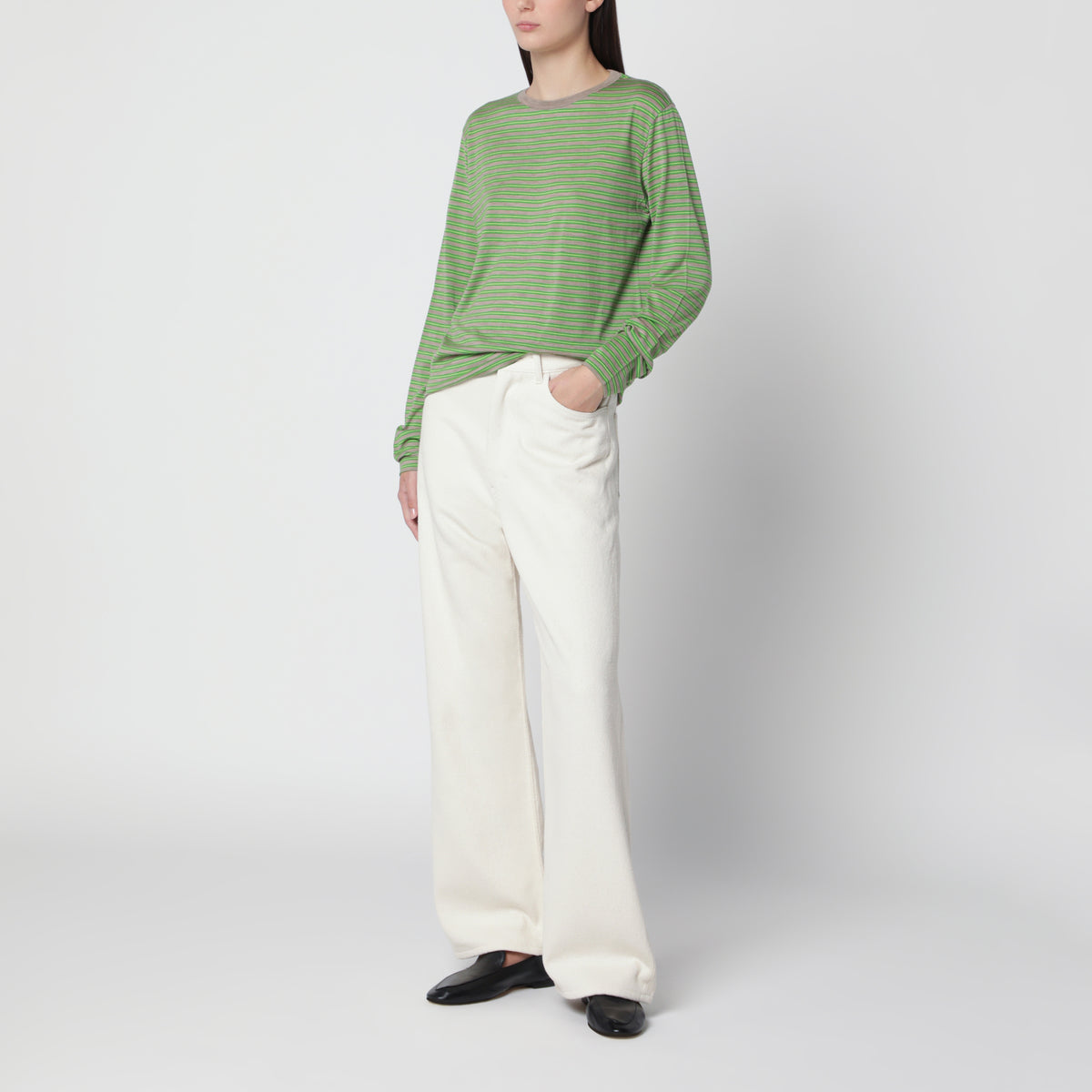 Green striped T-shirt in wool