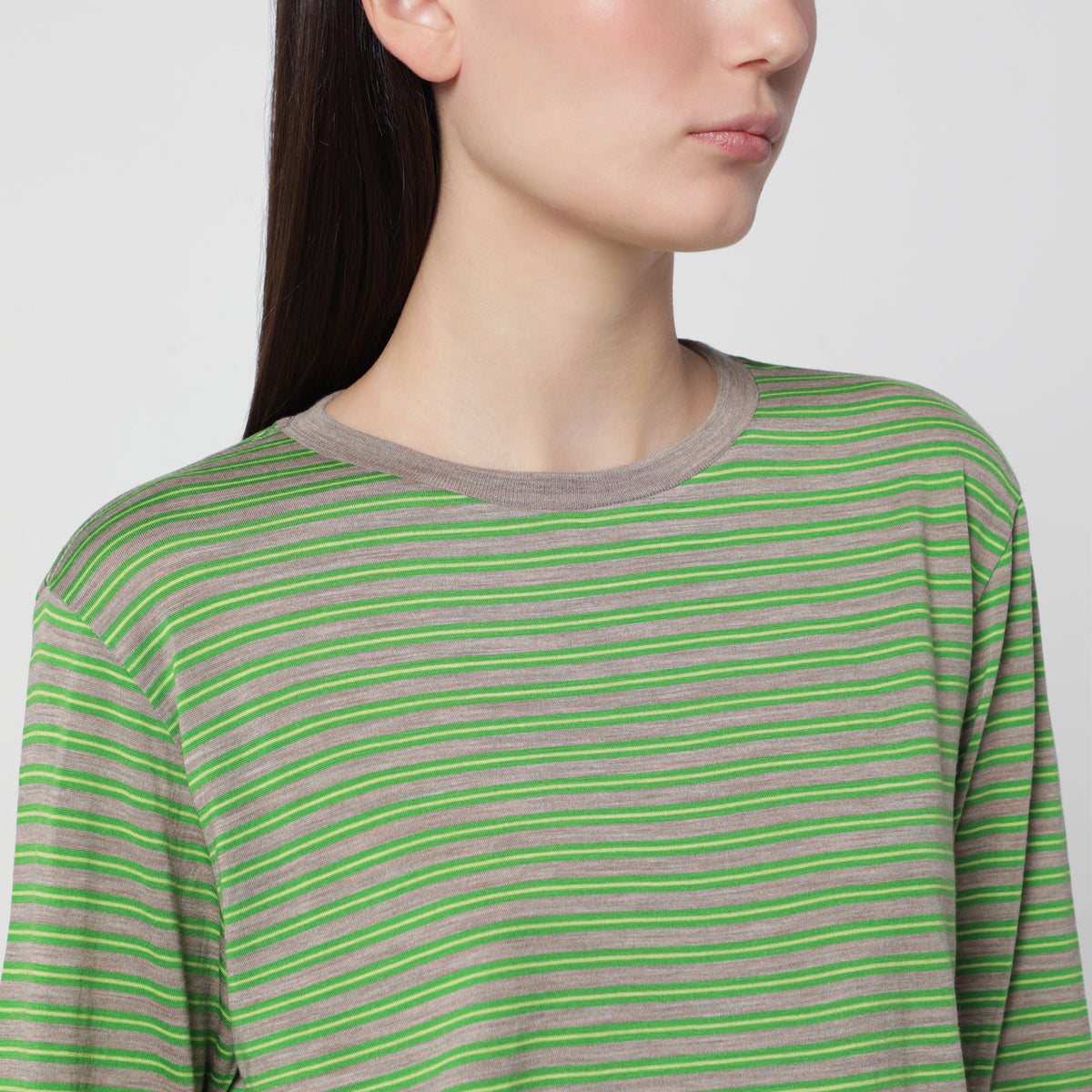 Green striped T-shirt in wool