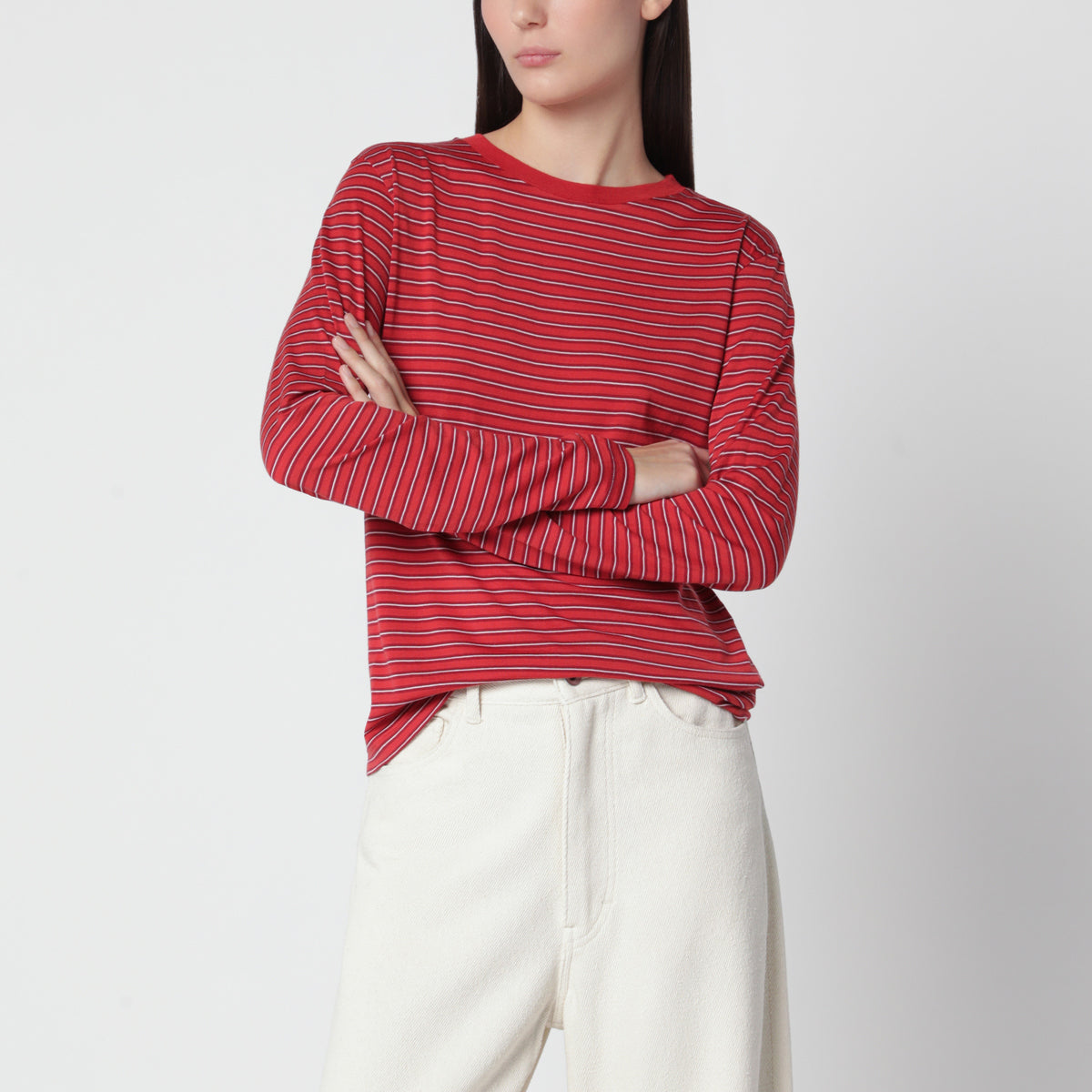 T-shirt rossa a righe in lana