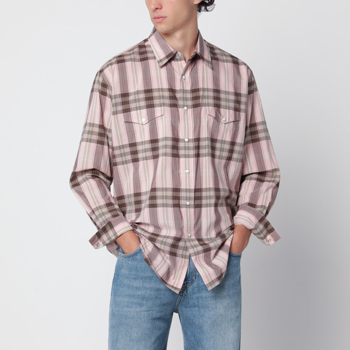 Camicia a quadri rosa in cotone e seta
