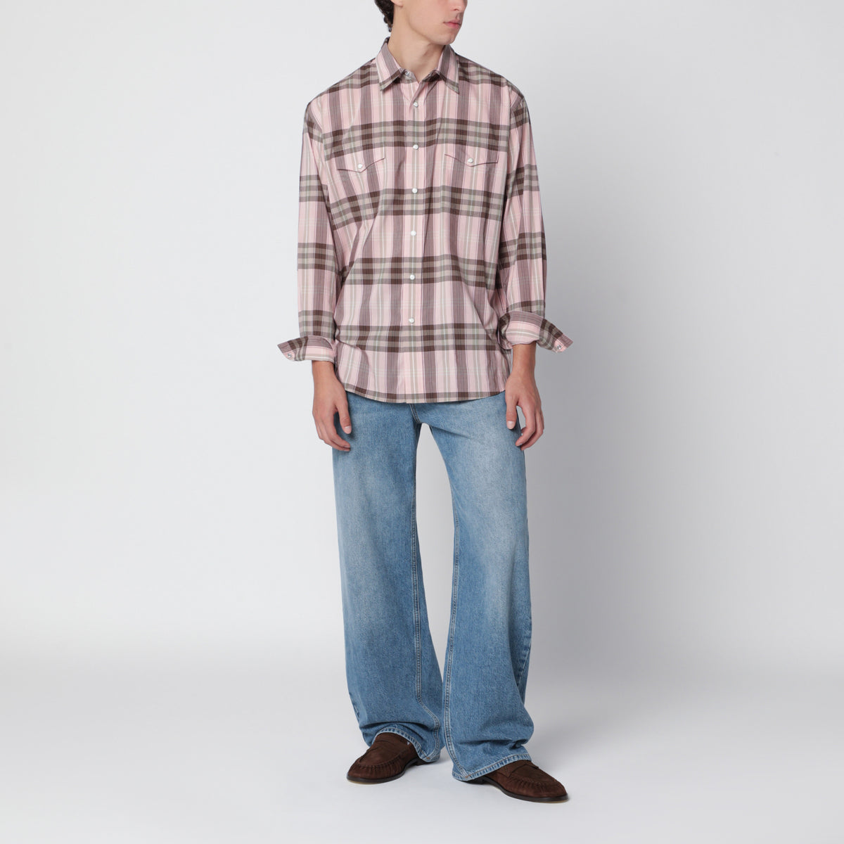 Camicia a quadri rosa in cotone e seta