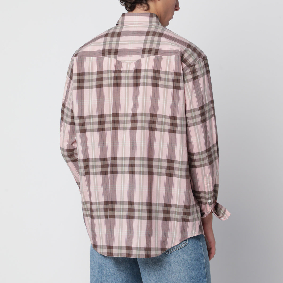 Camicia a quadri rosa in cotone e seta