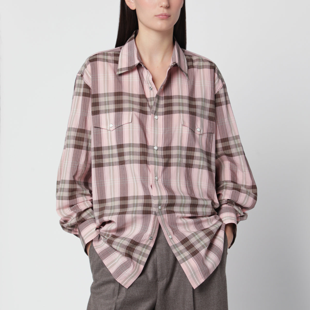 Chemise à carreaux rose en coton et soie