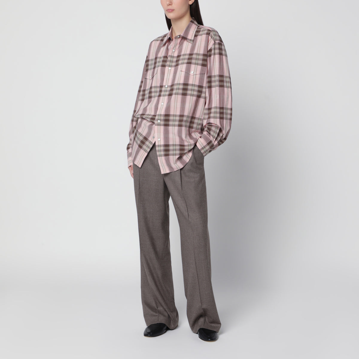 Chemise à carreaux rose en coton et soie