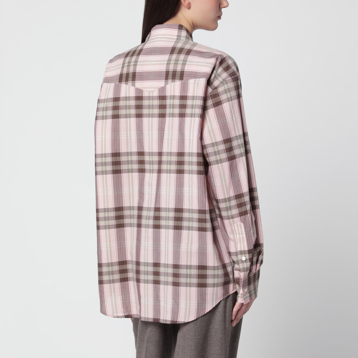 Chemise à carreaux rose en coton et soie
