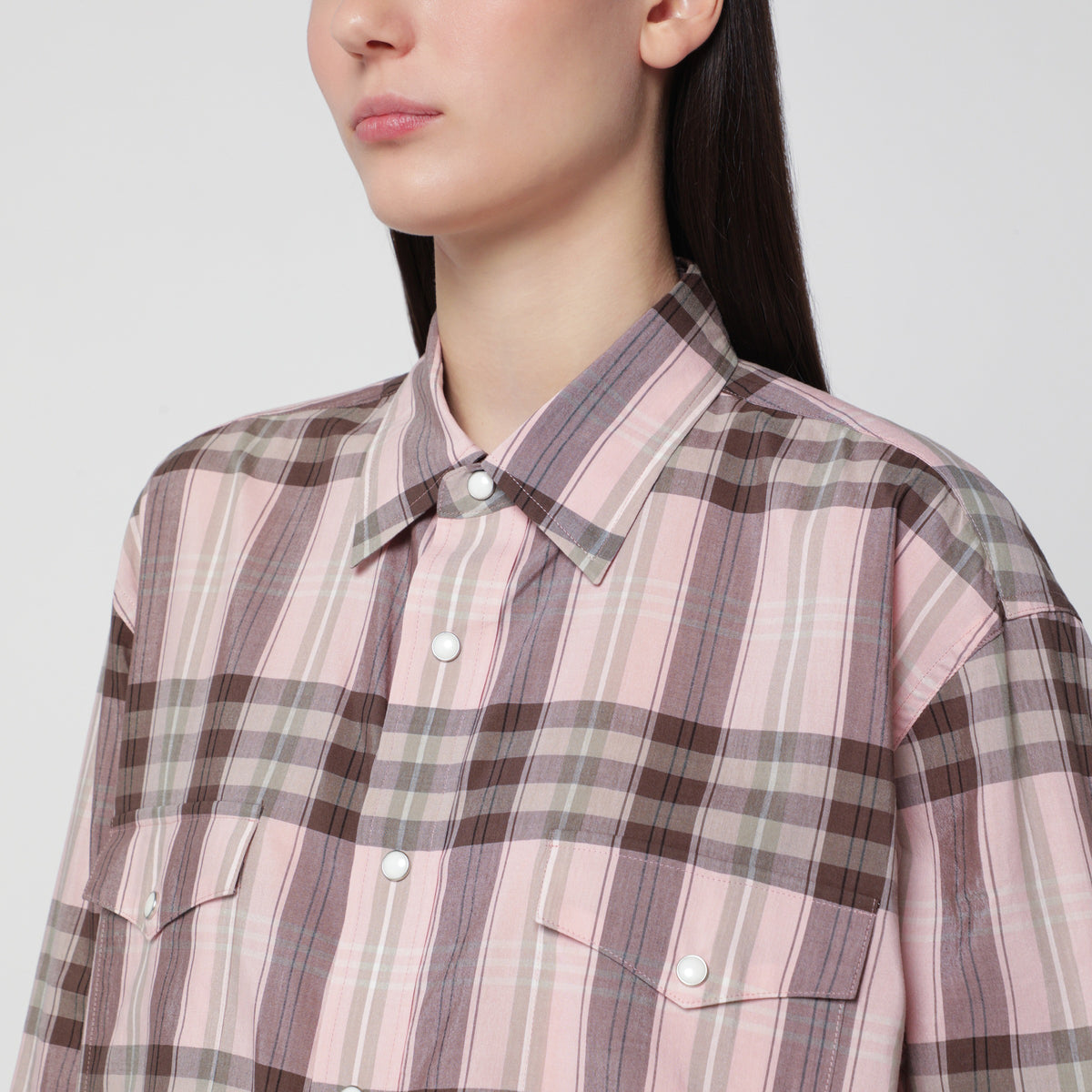 Chemise à carreaux rose en coton et soie