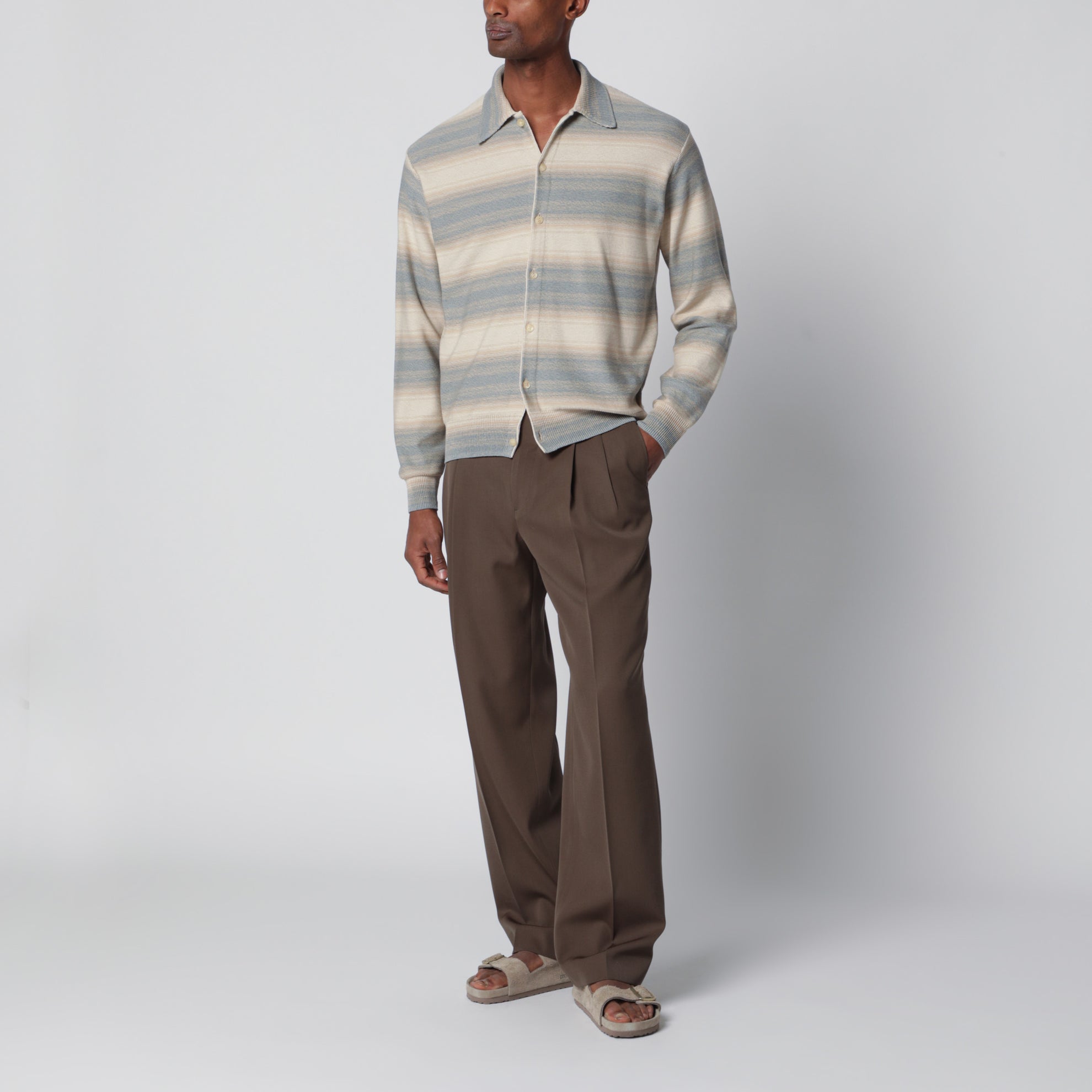 Blau-beiger Strickcardigan mit Streifen aus Baumwolle und Seide