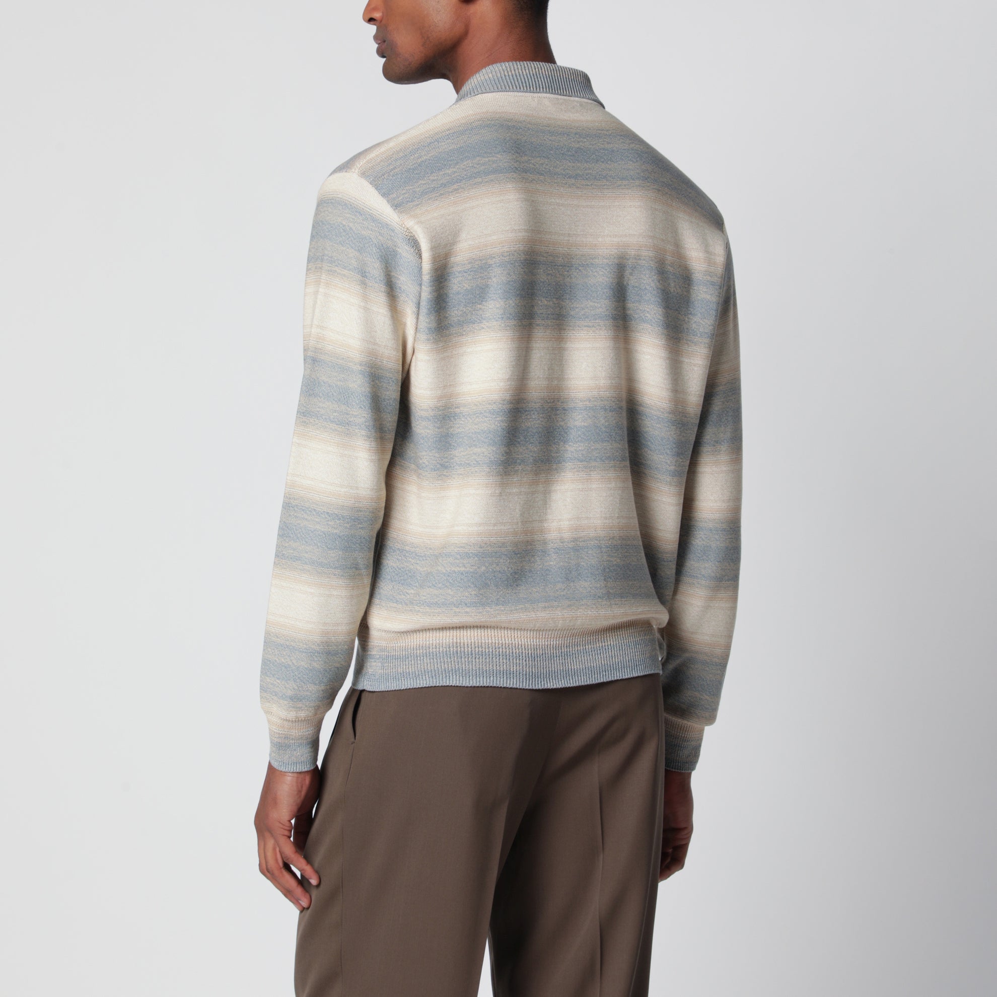 Blau-beiger Strickcardigan mit Streifen aus Baumwolle und Seide