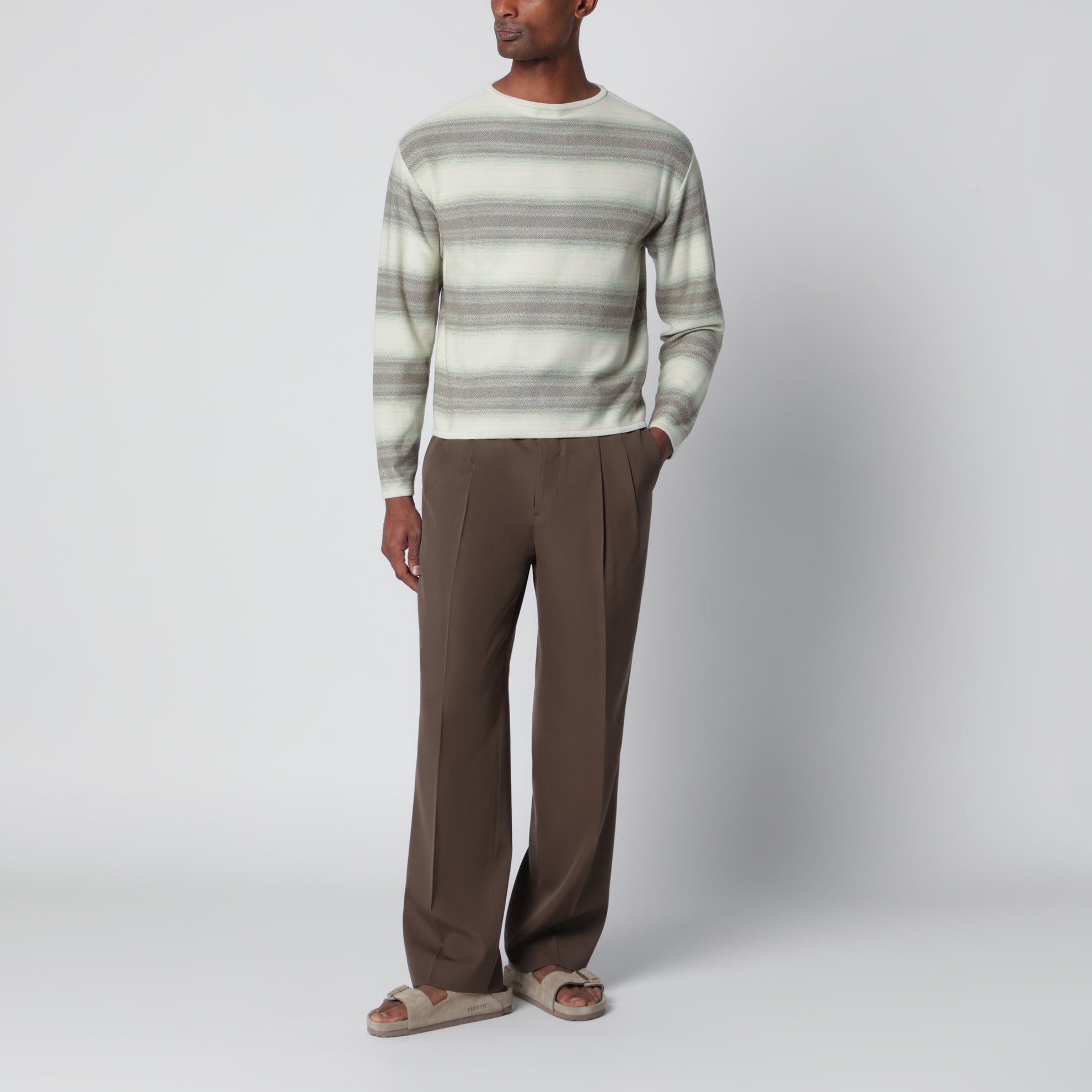 Maglia in cotone e seta grigio lime a righe