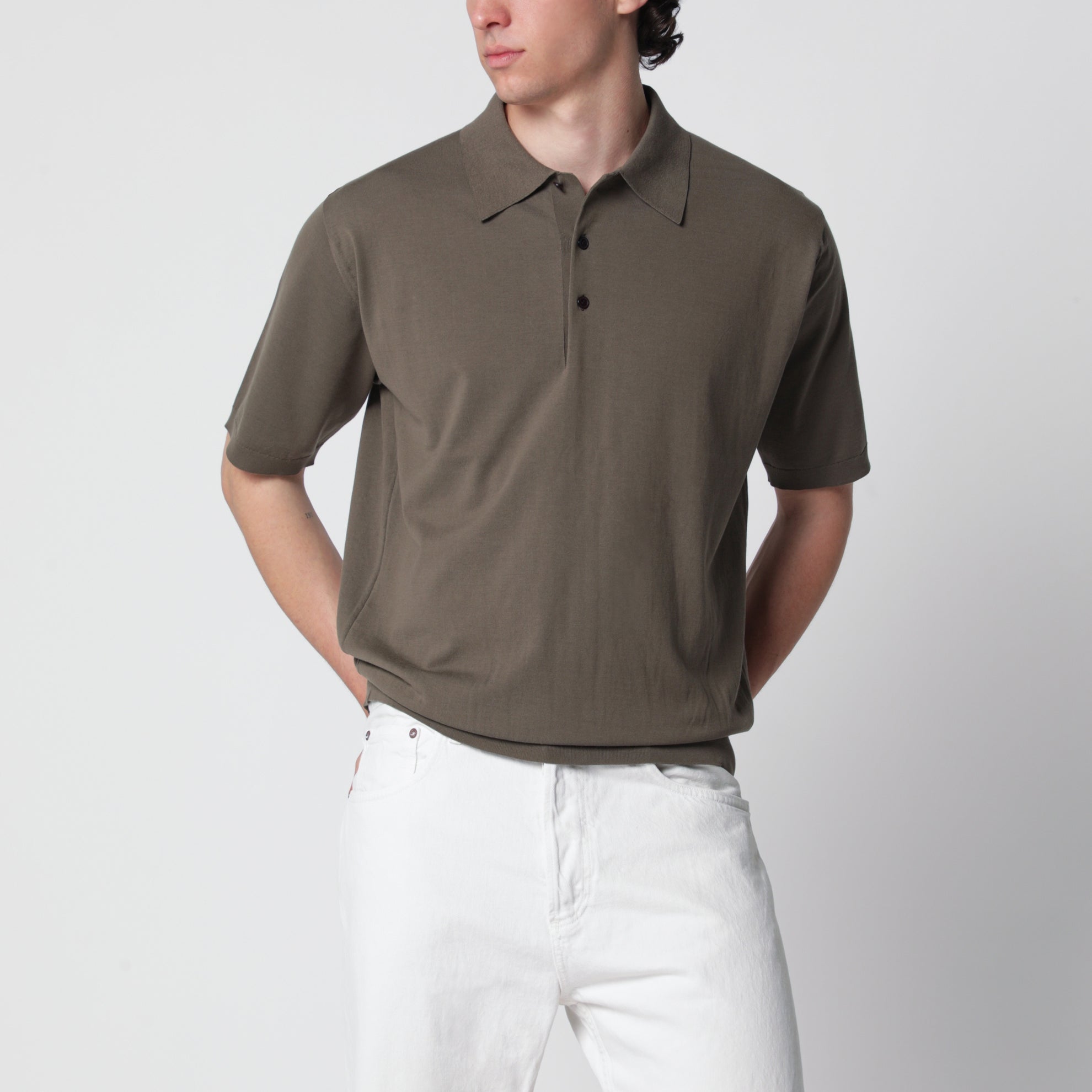 Olive grey short-sleeved cotton polo shirt