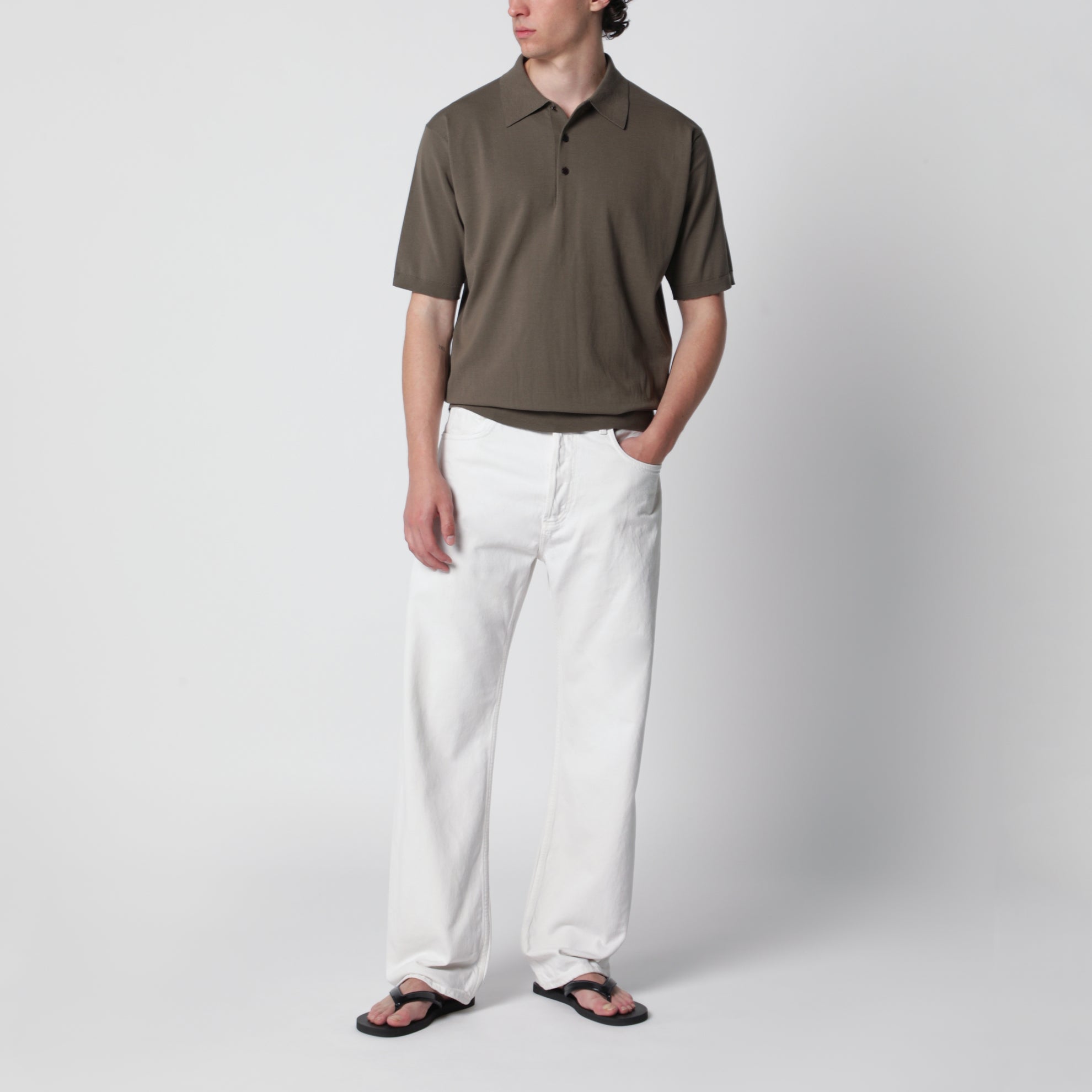 Olive grey short-sleeved cotton polo shirt