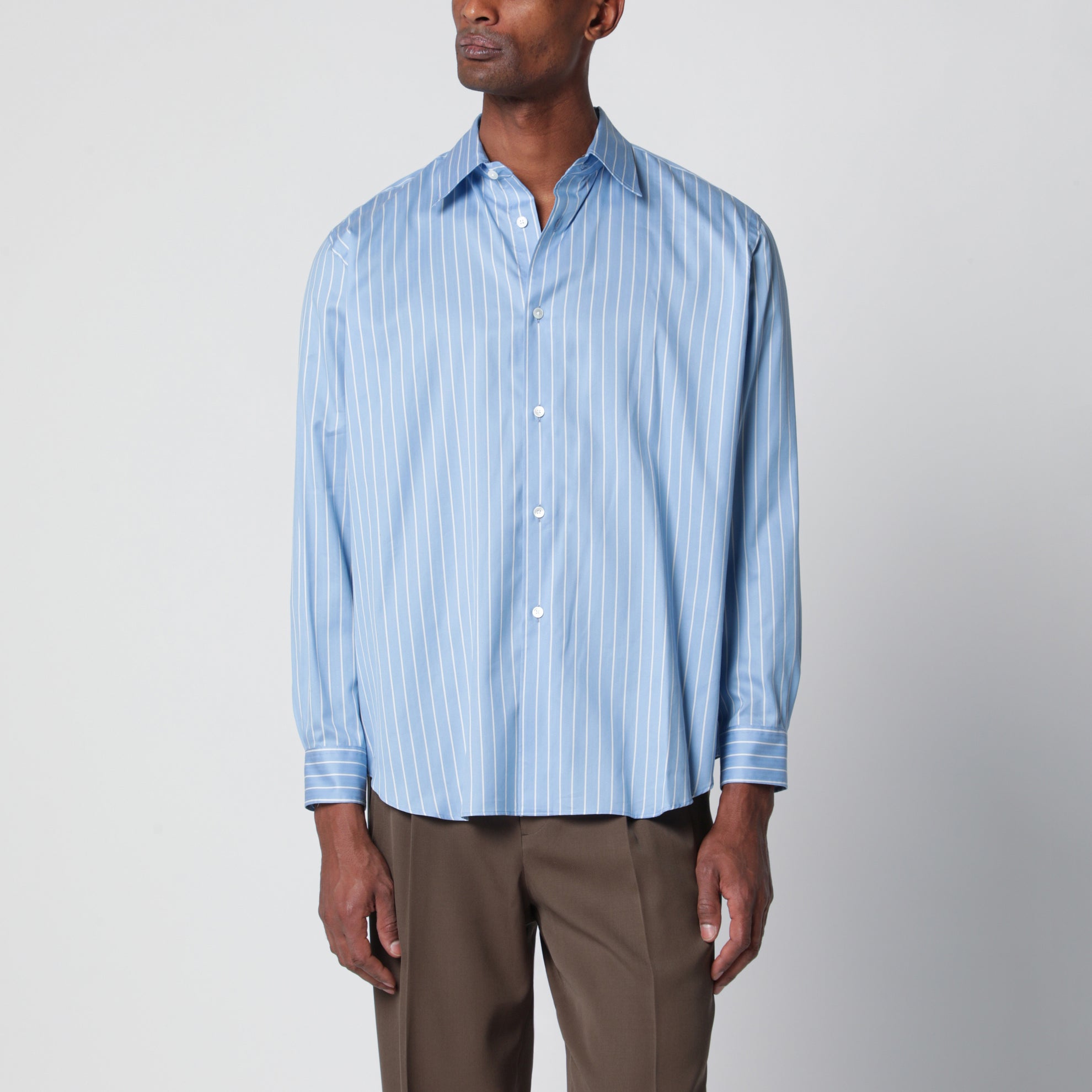 Chemise rayée bleu clair en coton et soie