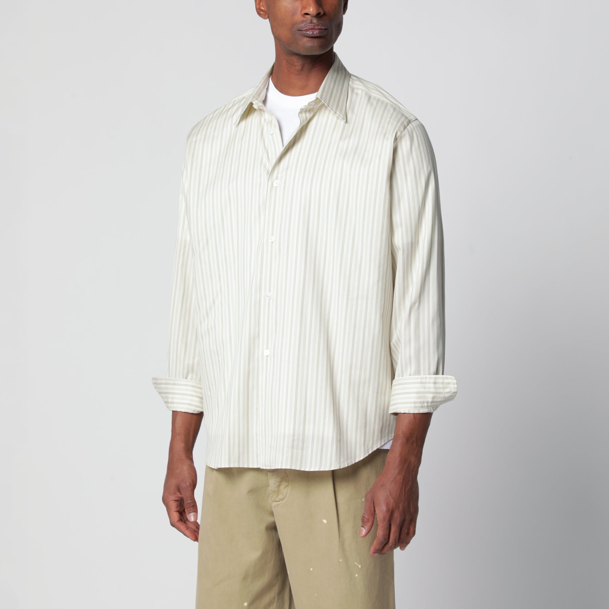 Ivory striped cotton and silk shirt