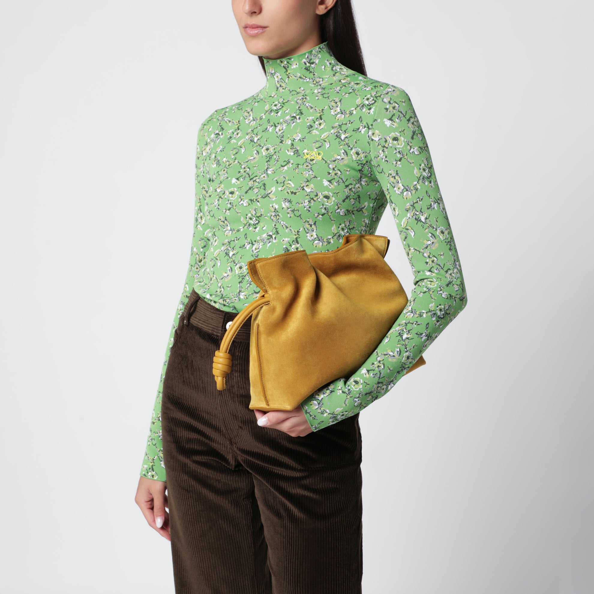 Medium ochre Flamenco bag in suede