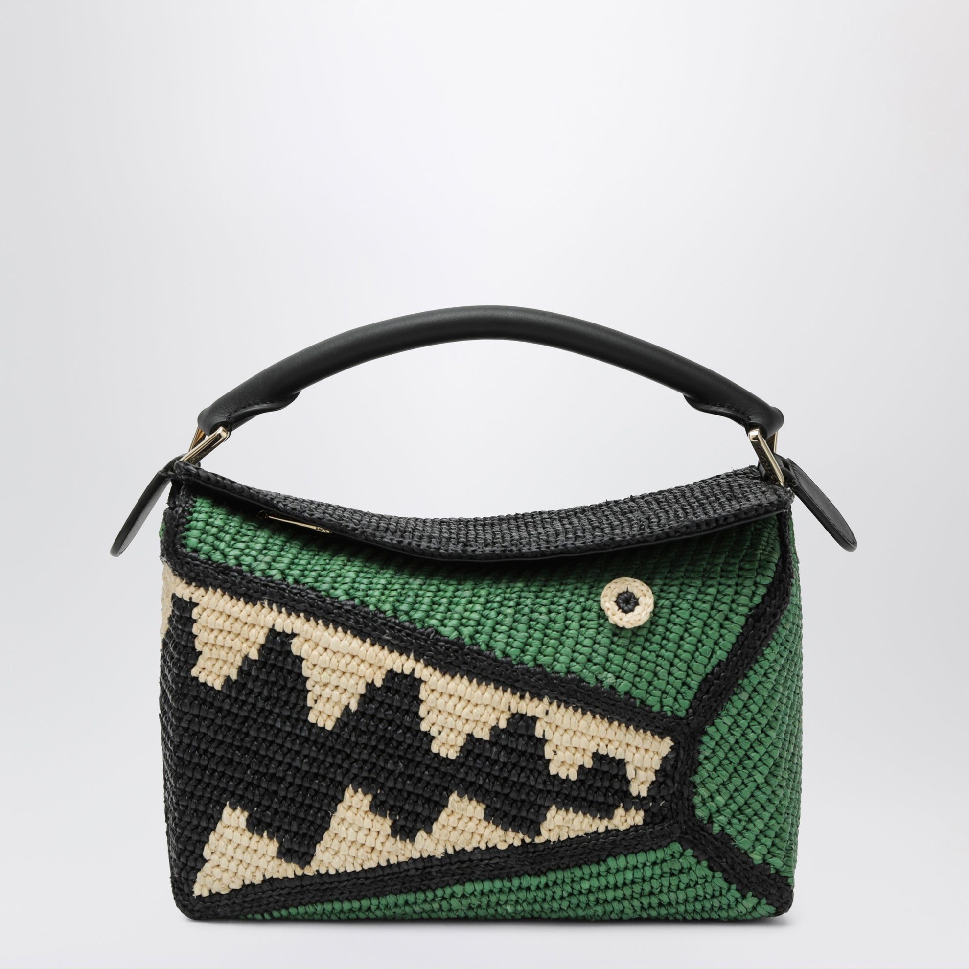 Kleine Puzzle Edge Tasche aus Raffia und Kalbsleder in Schwarz/Grün