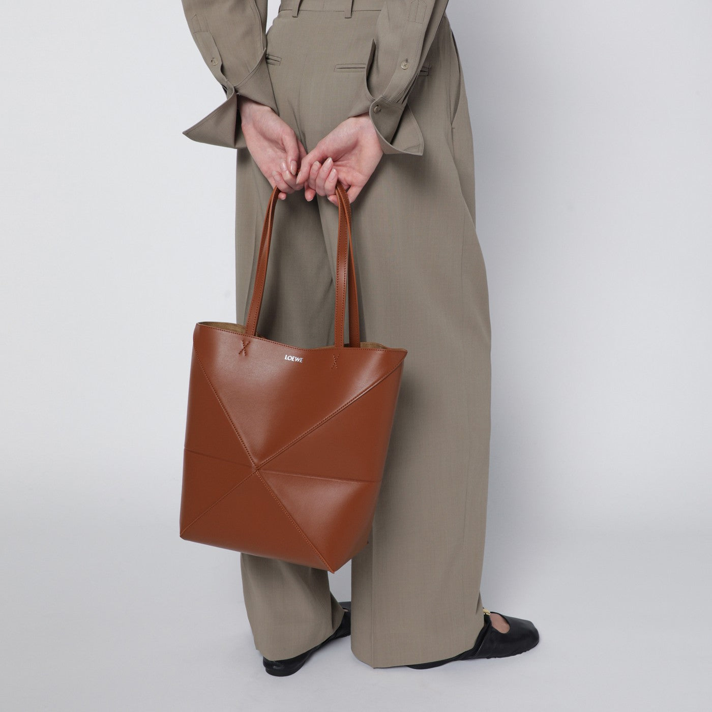 Borsa Puzzle Fold Tote media marrone chiara