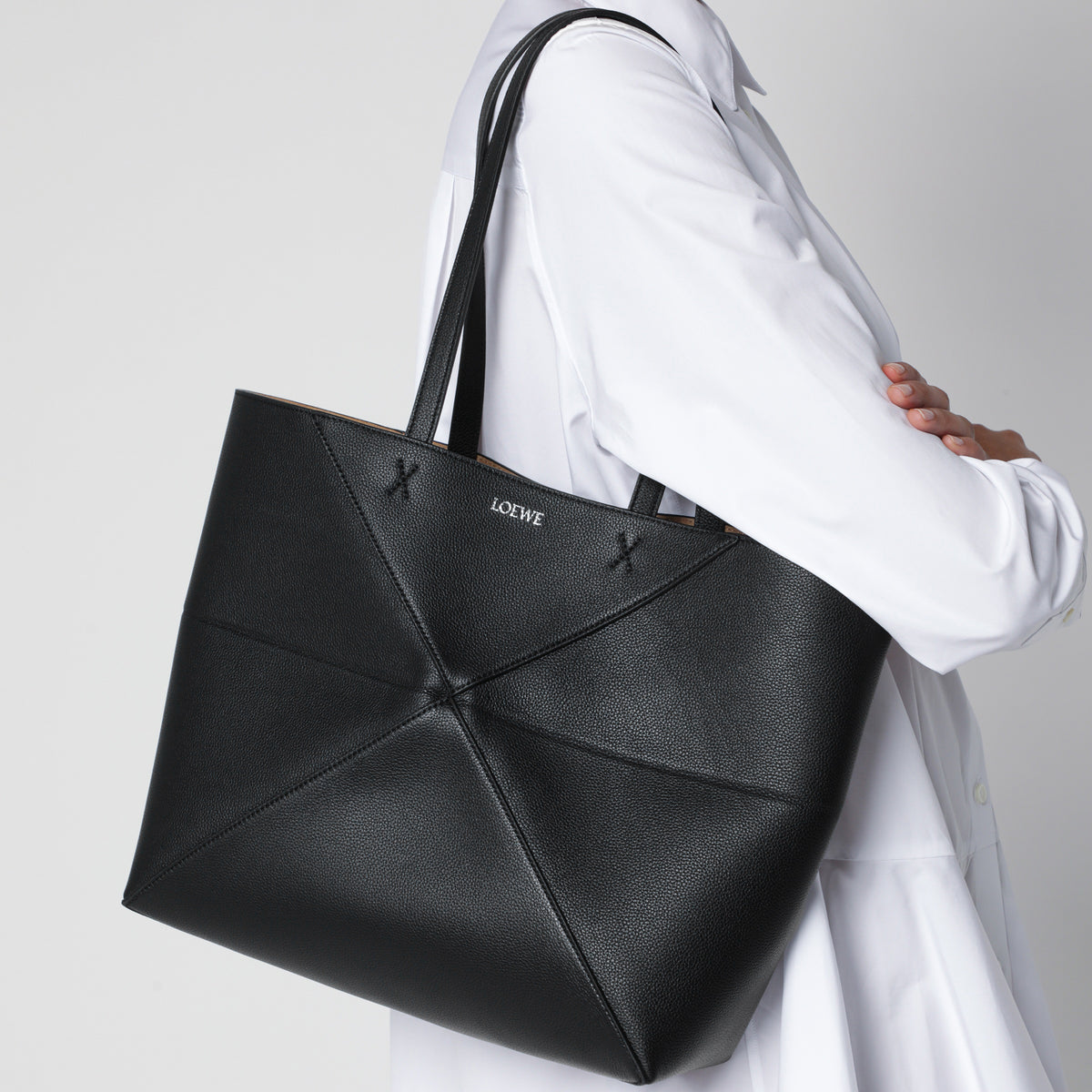Medium black leather Puzzle Fold tote bag