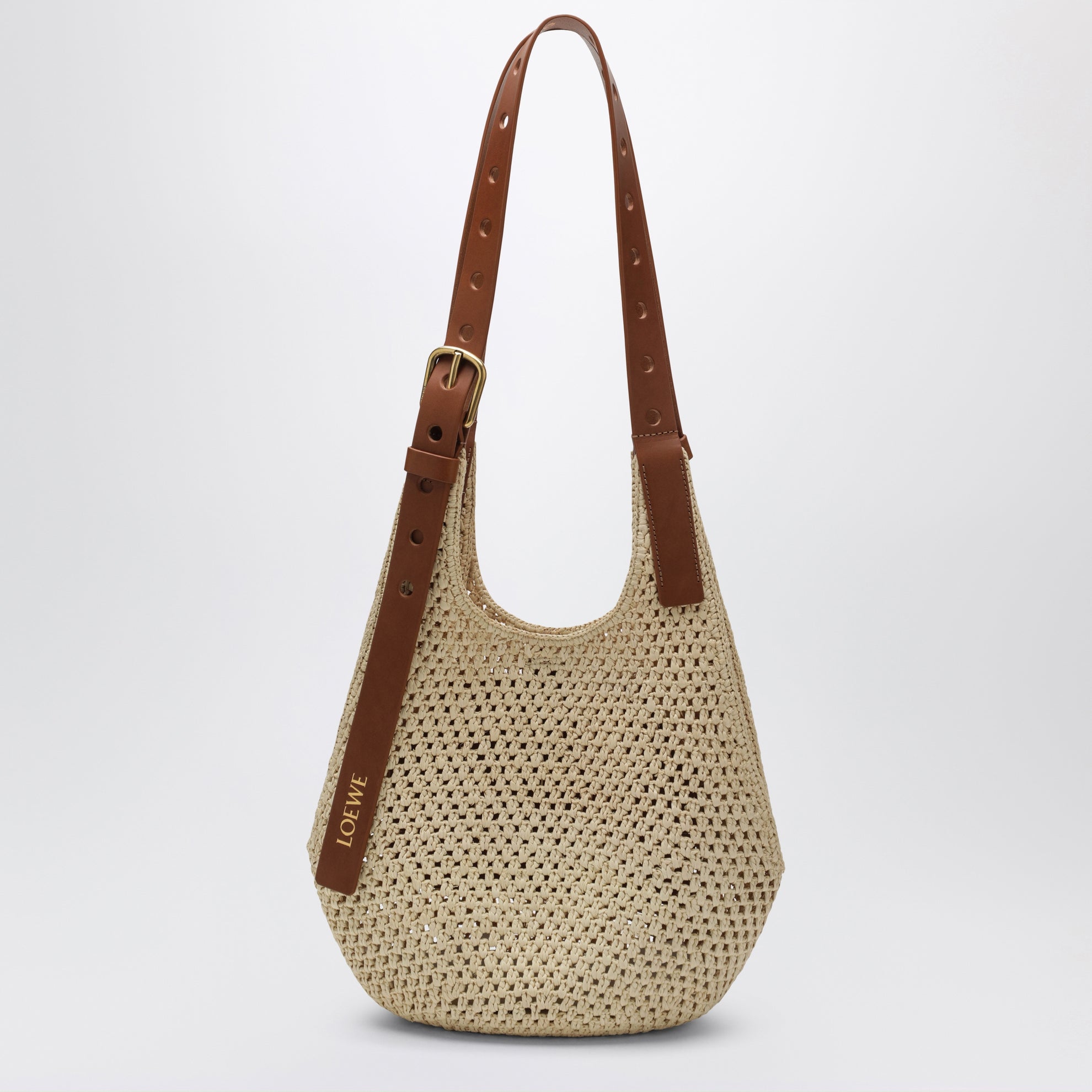 Small raffia and leather Punch Hole hobo bag
