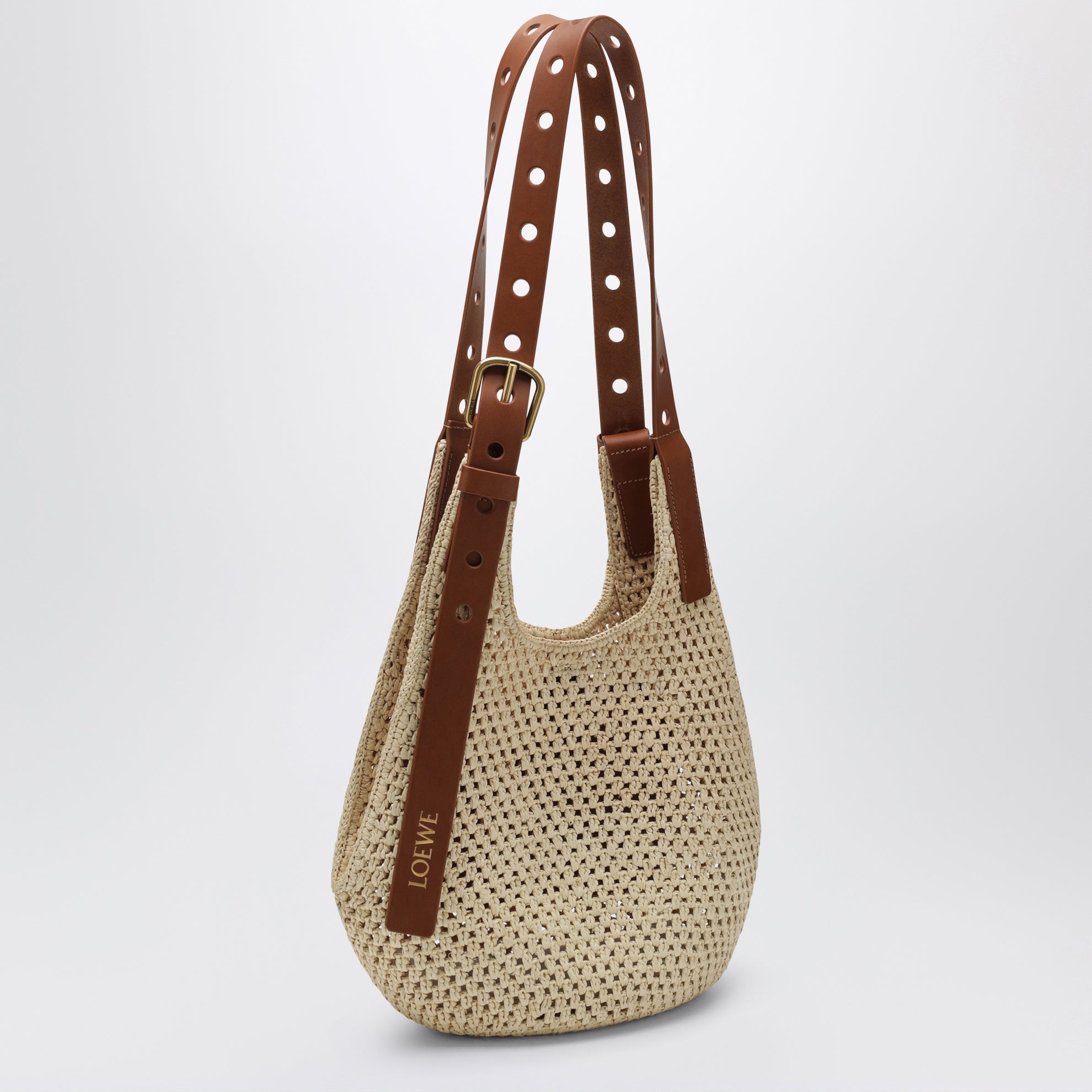Small raffia and leather Punch Hole hobo bag