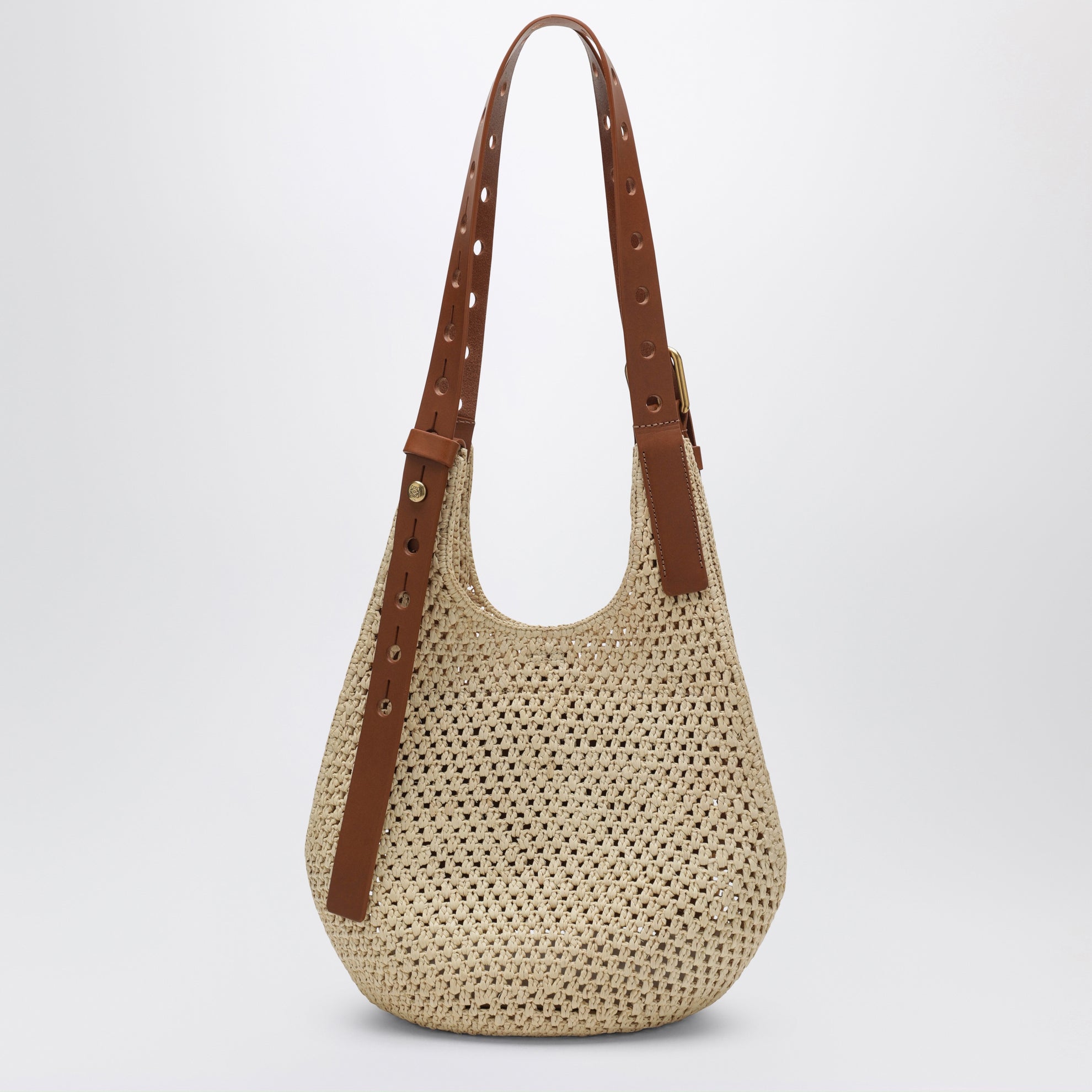 Small raffia and leather Punch Hole hobo bag