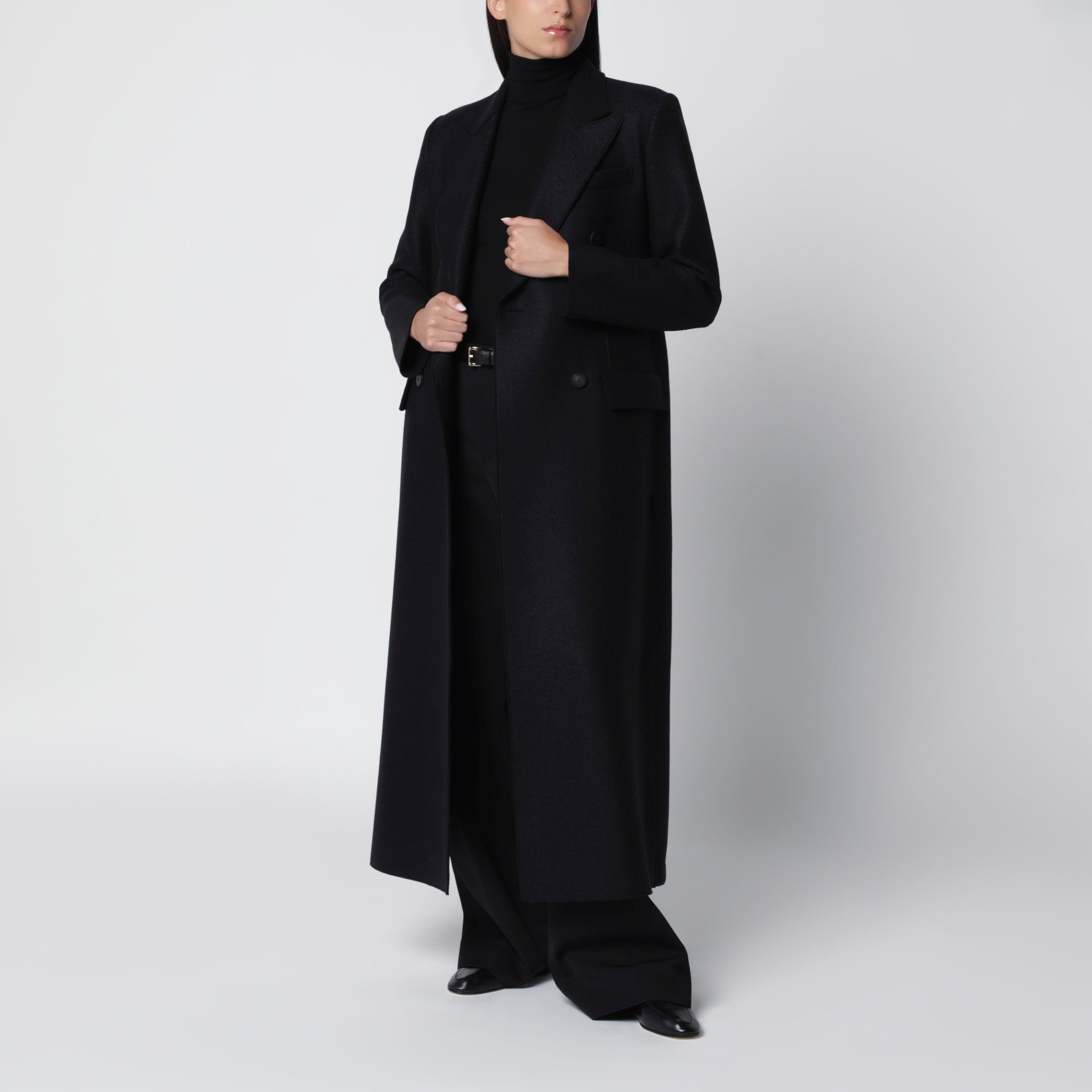 Cappotto doppiopetto lungo nero in lana