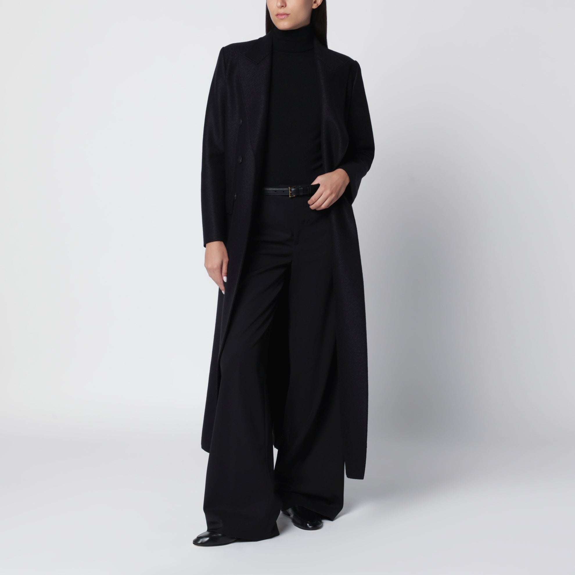 Cappotto doppiopetto lungo nero in lana