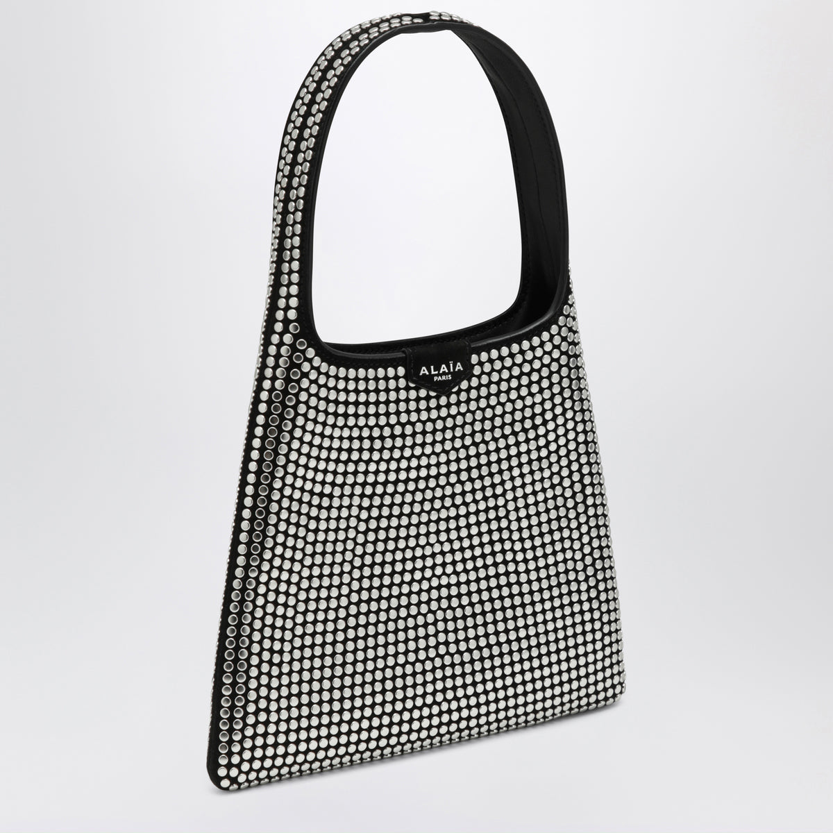 Borsa hobo piccola nera in pelle con borchie