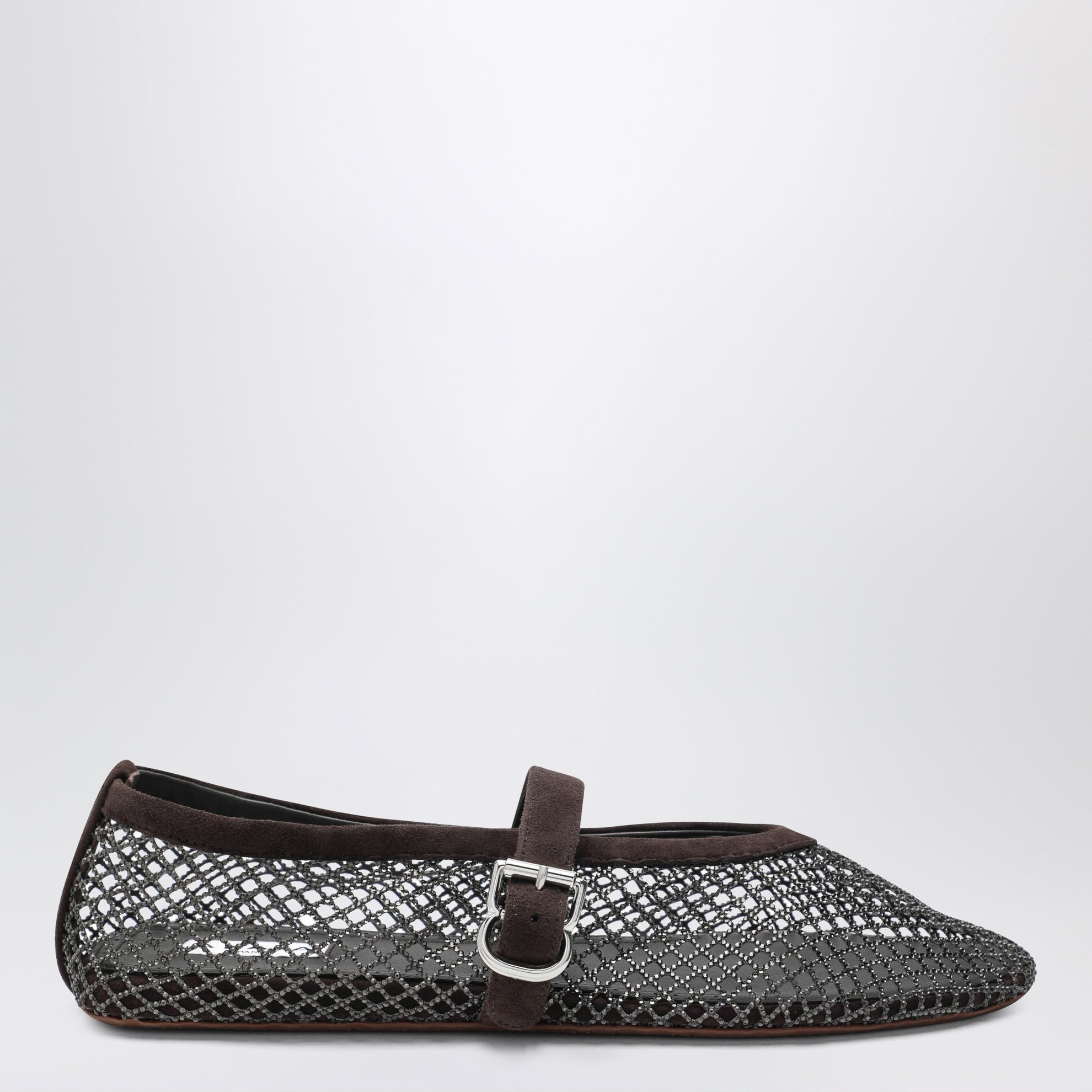 Flat rhinestone mesh ballerinas in suede, smoky brown