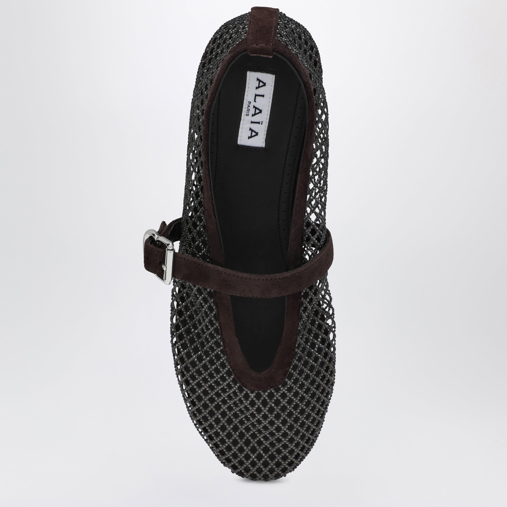 Flat rhinestone mesh ballerinas in suede, smoky brown
