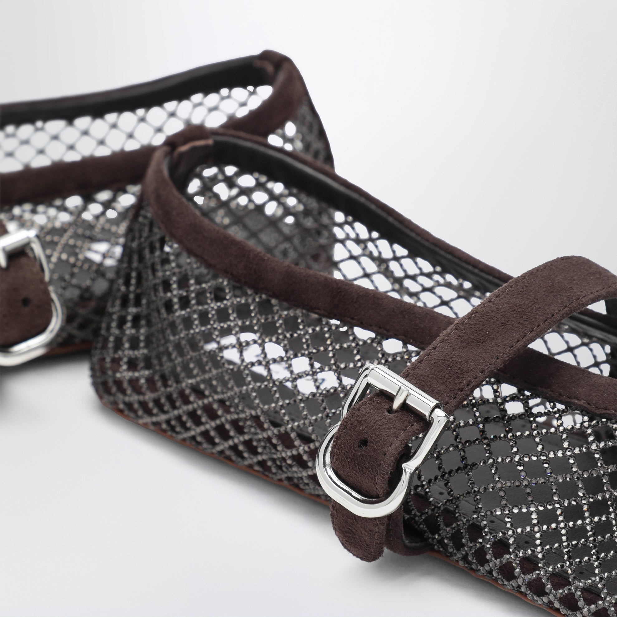 Flat rhinestone mesh ballerinas in suede, smoky brown