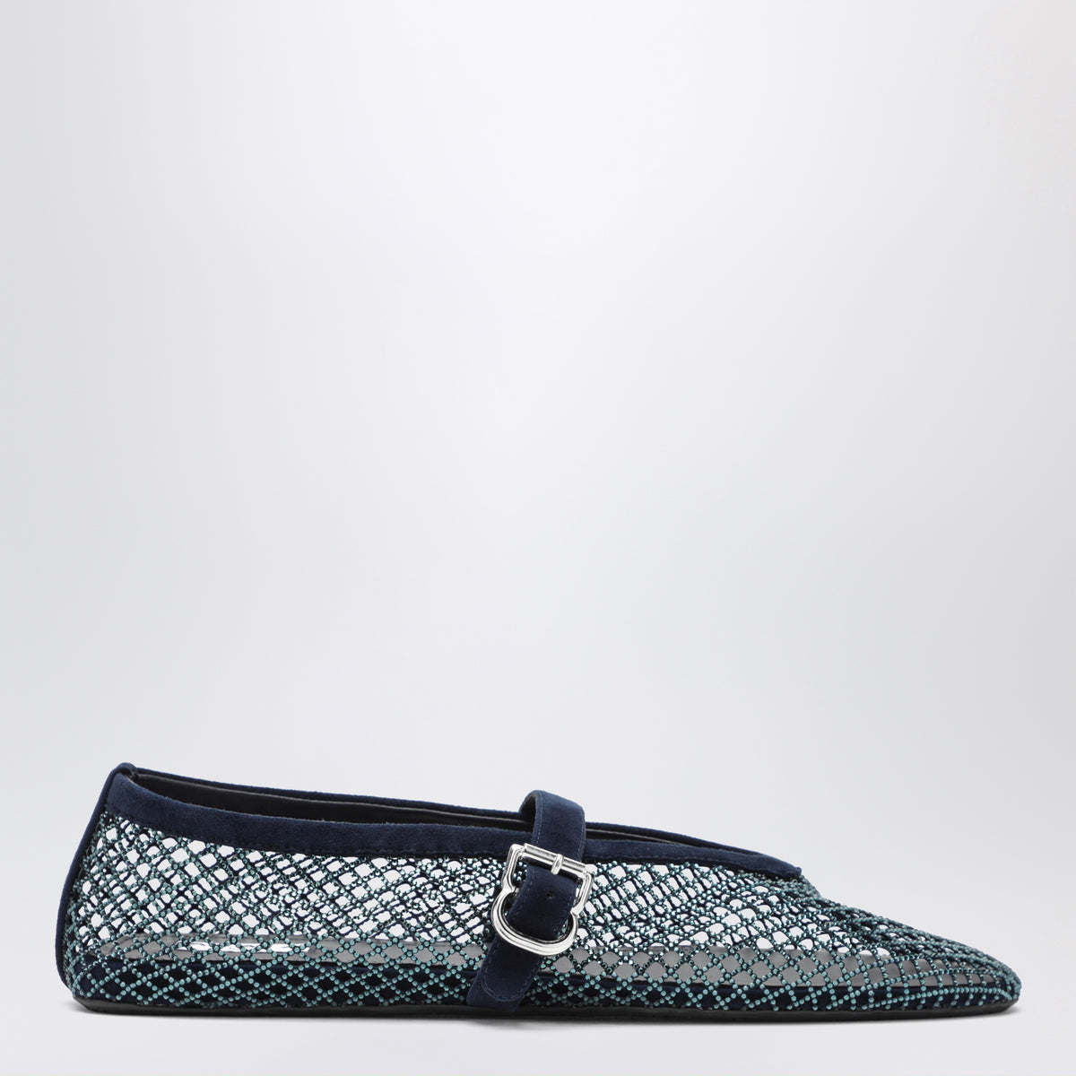 Mitternachtsblaue Ballerinas aus Mesh mit Strasssteinen