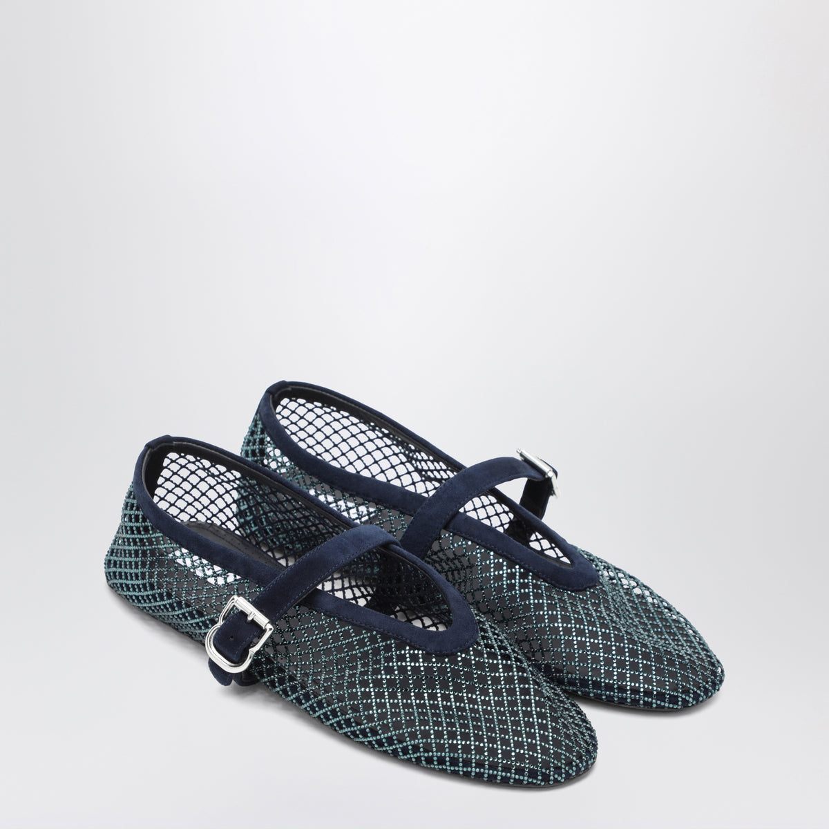 Mitternachtsblaue Ballerinas aus Mesh mit Strasssteinen
