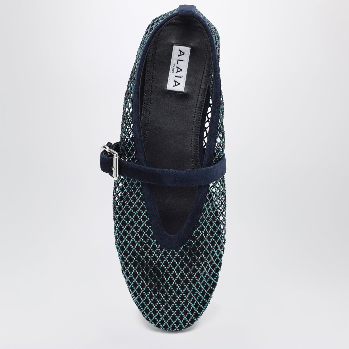 Mitternachtsblaue Ballerinas aus Mesh mit Strasssteinen