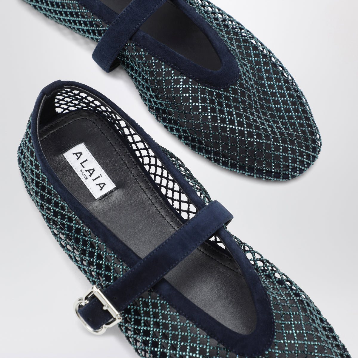 Mitternachtsblaue Ballerinas aus Mesh mit Strasssteinen
