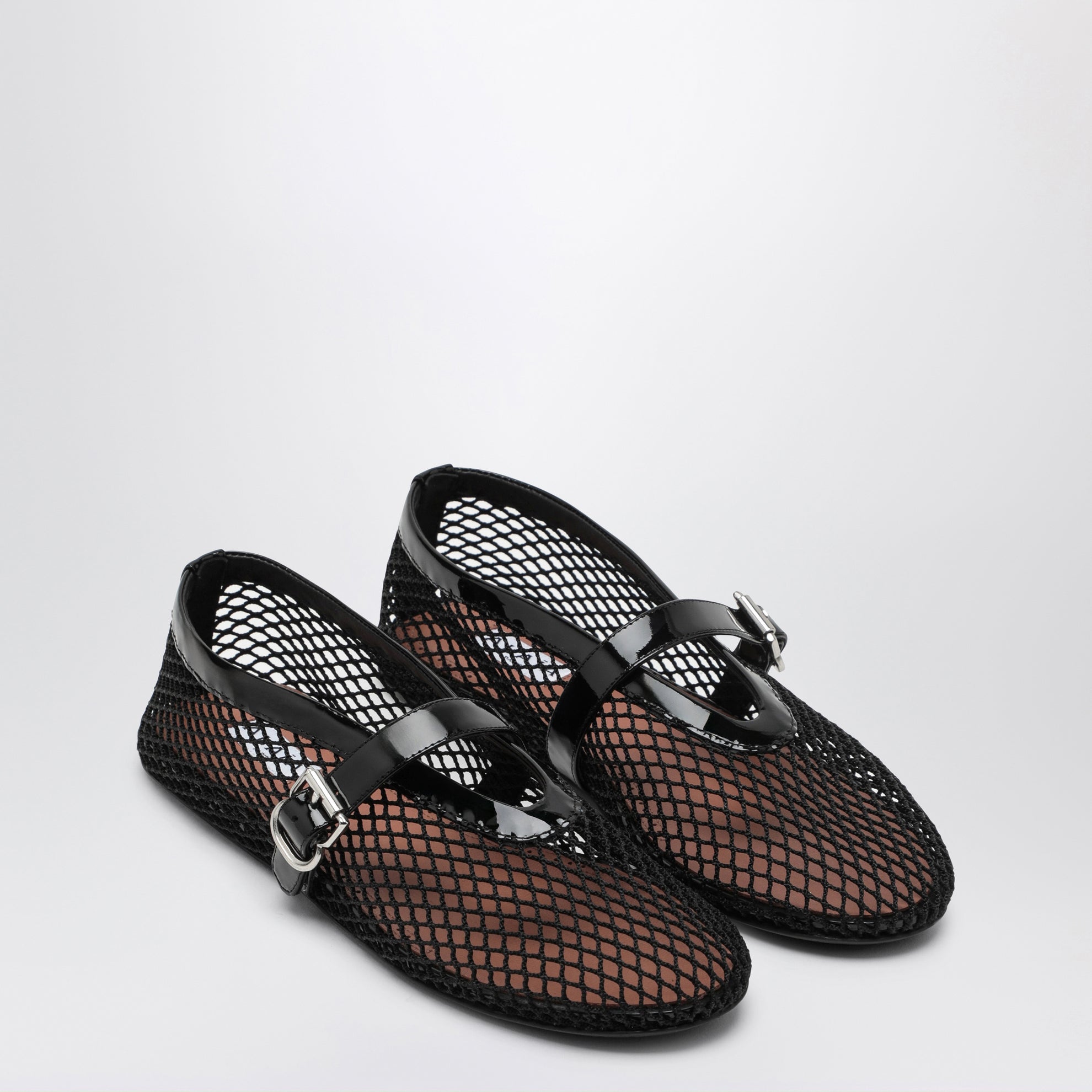 Ballerine flat in rete e pelle verniciata nere