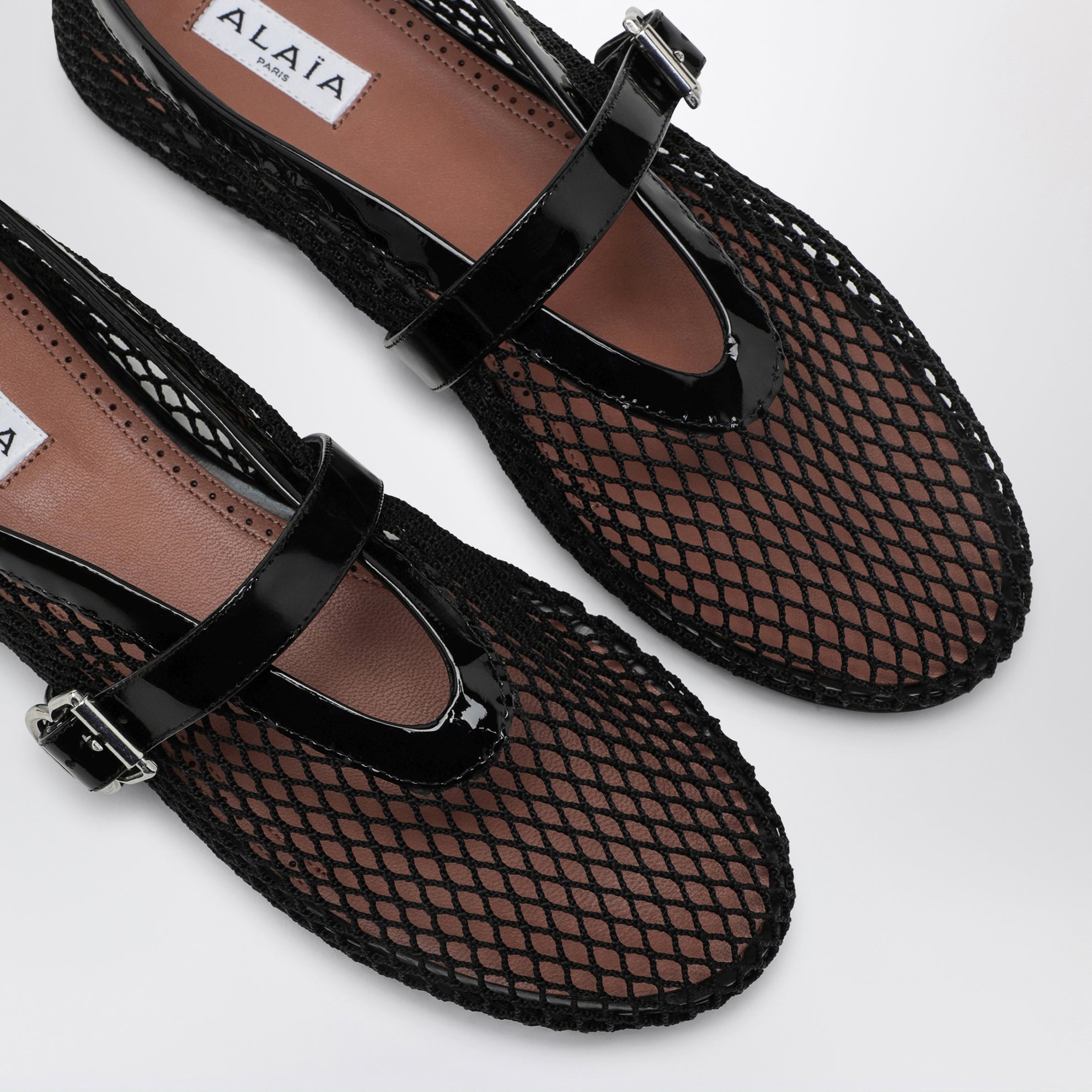Ballerine flat in rete e pelle verniciata nere