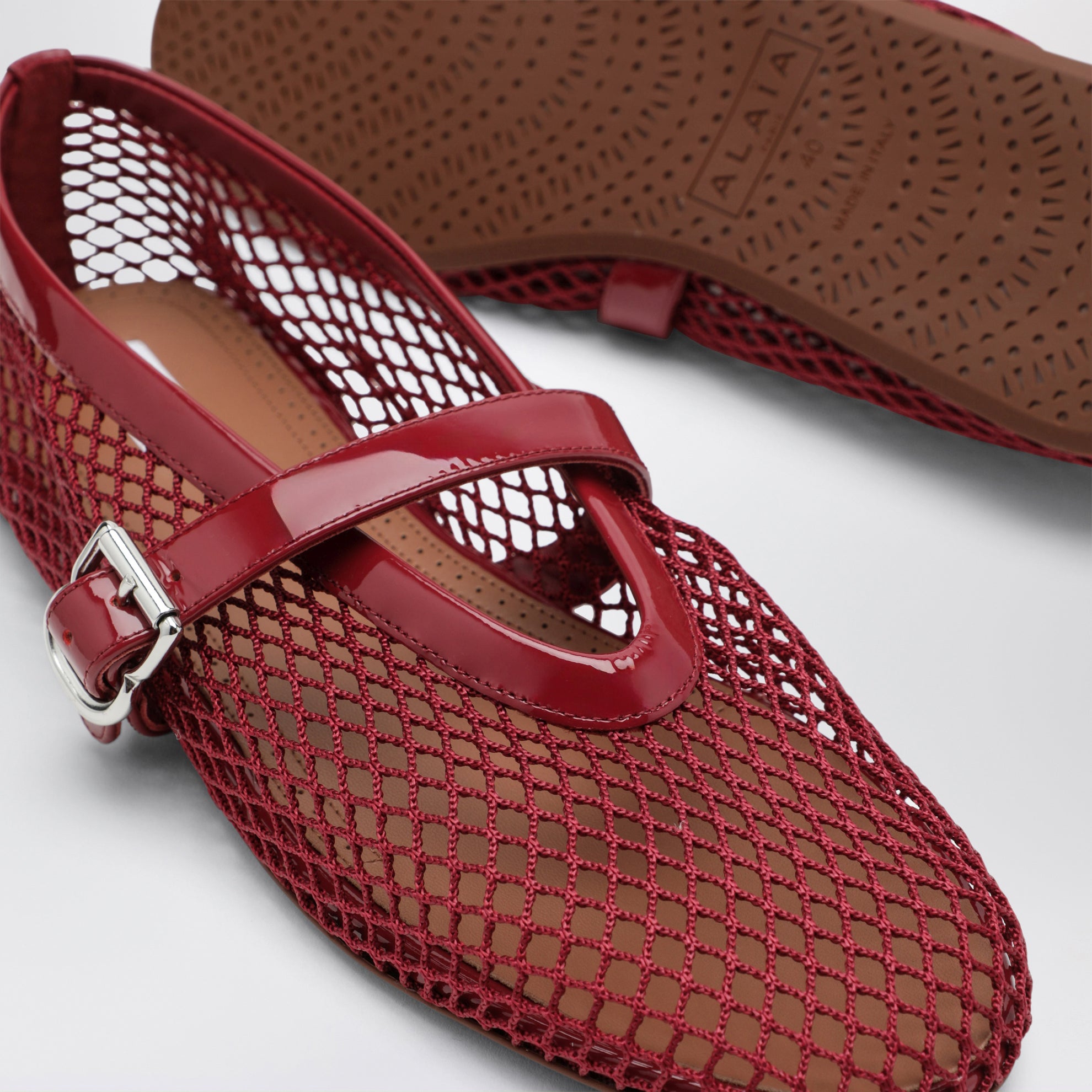Red mesh and patent leather flat ballet flats