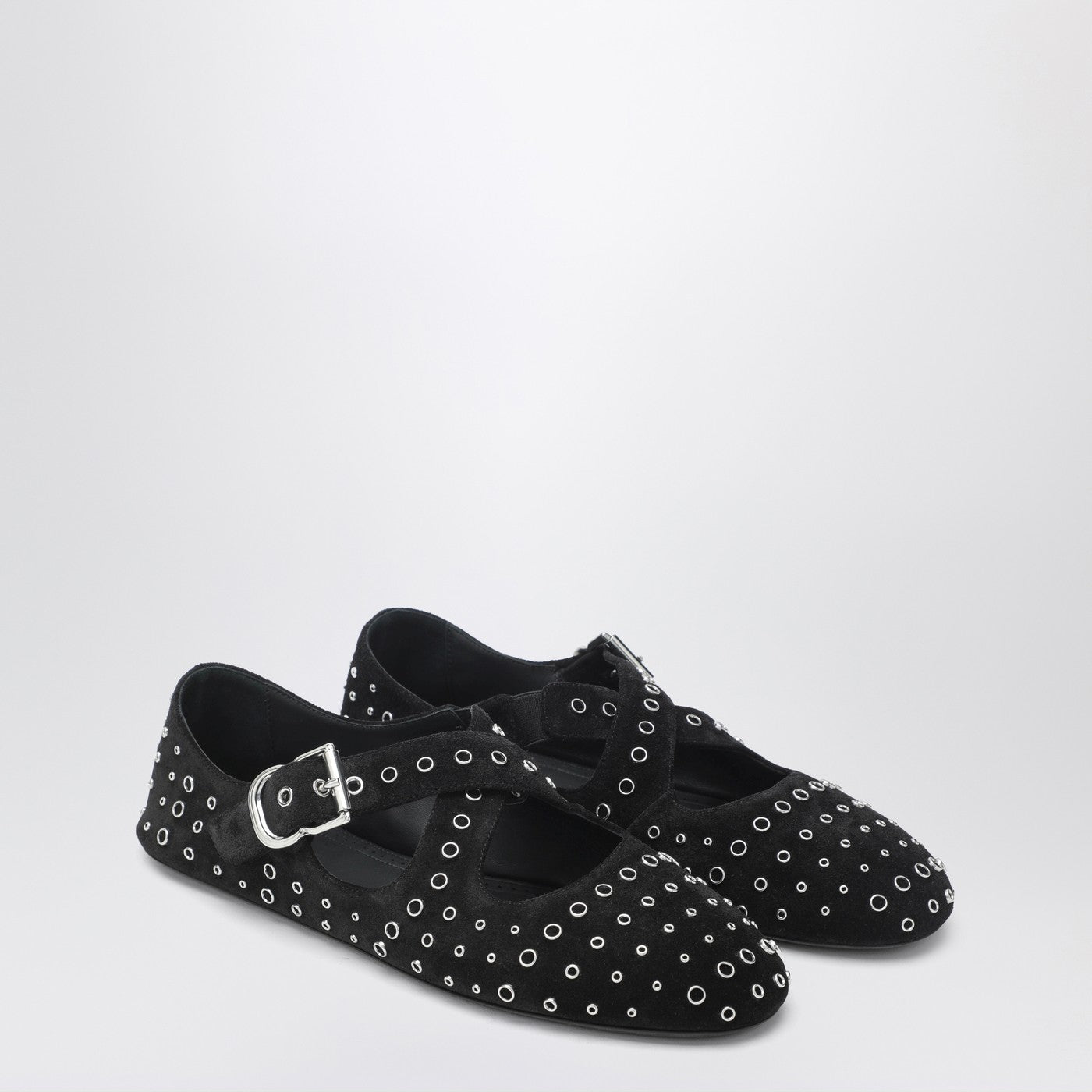 Flat ballerinas in suede with crossed straps and eyelets
