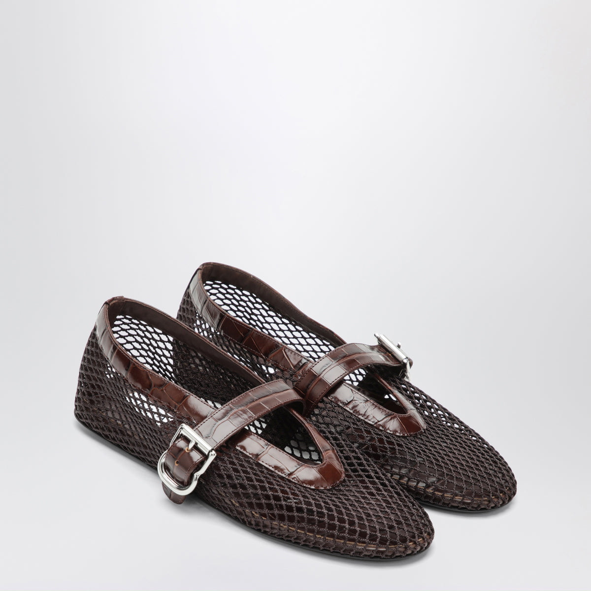 Braune Ballerinas aus Mesh und Leder in Kroko-Optik