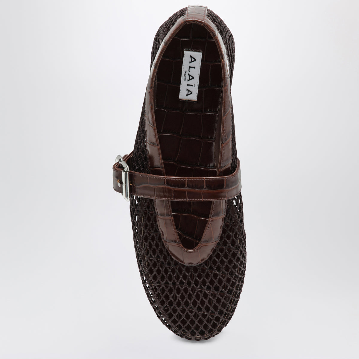 Braune Ballerinas aus Mesh und Leder in Kroko-Optik