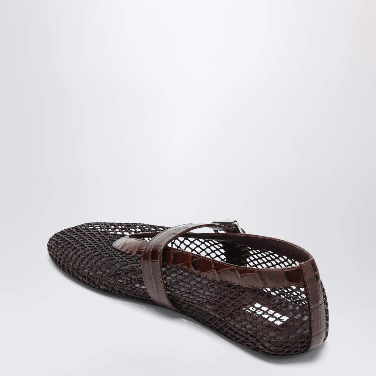 Braune Ballerinas aus Mesh und Leder in Kroko-Optik