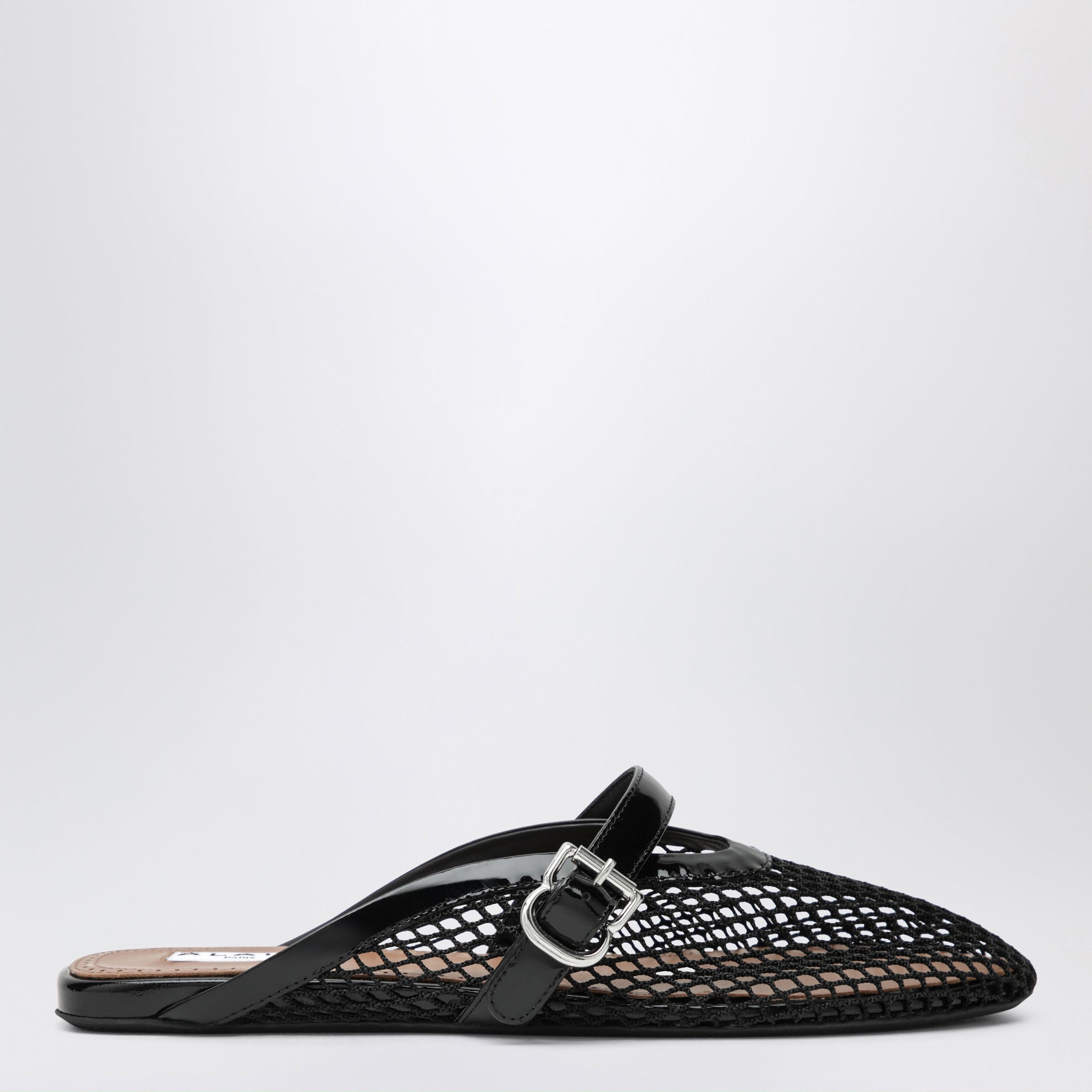 Flat mesh mules with buckle strap in black