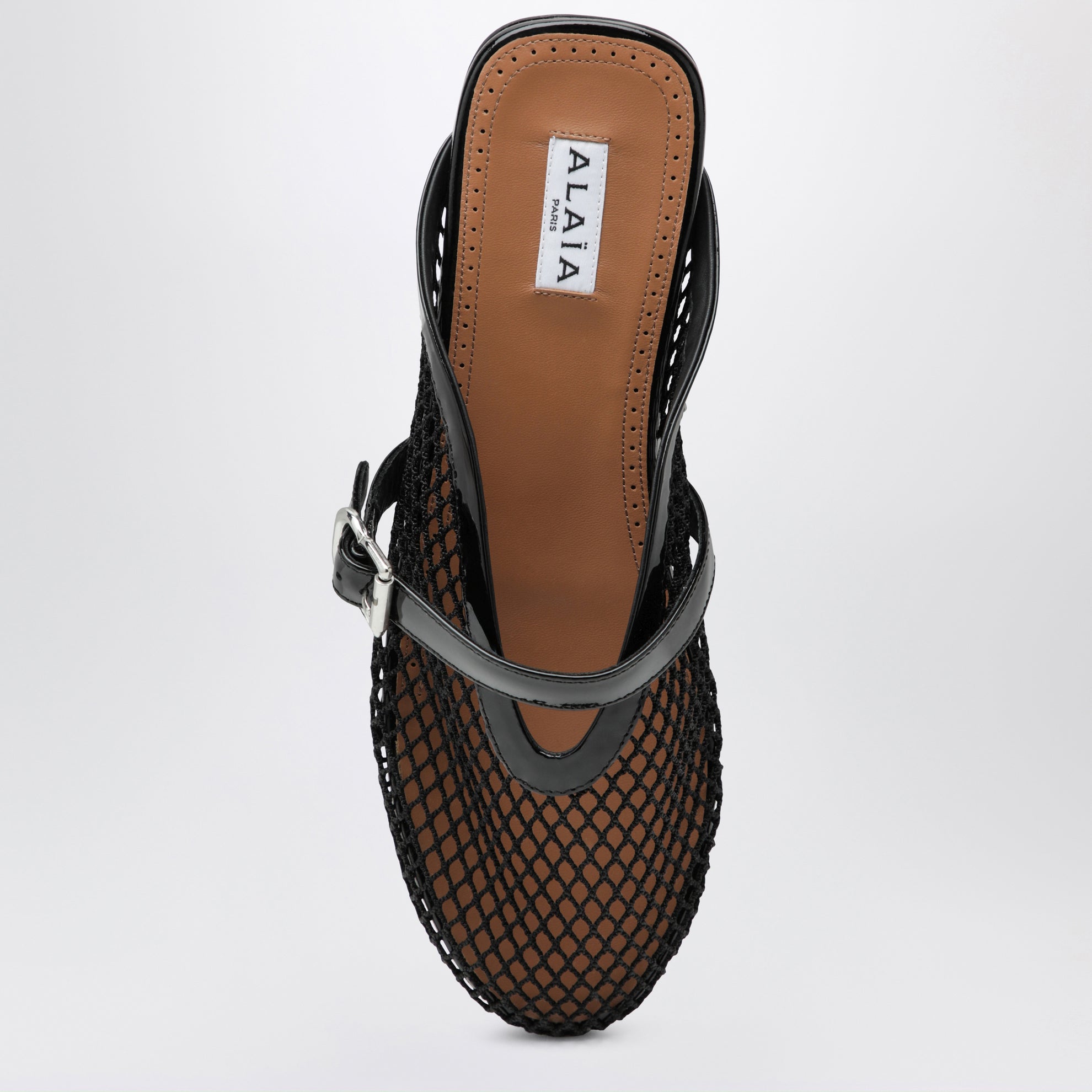 Flat mesh mules with buckle strap in black