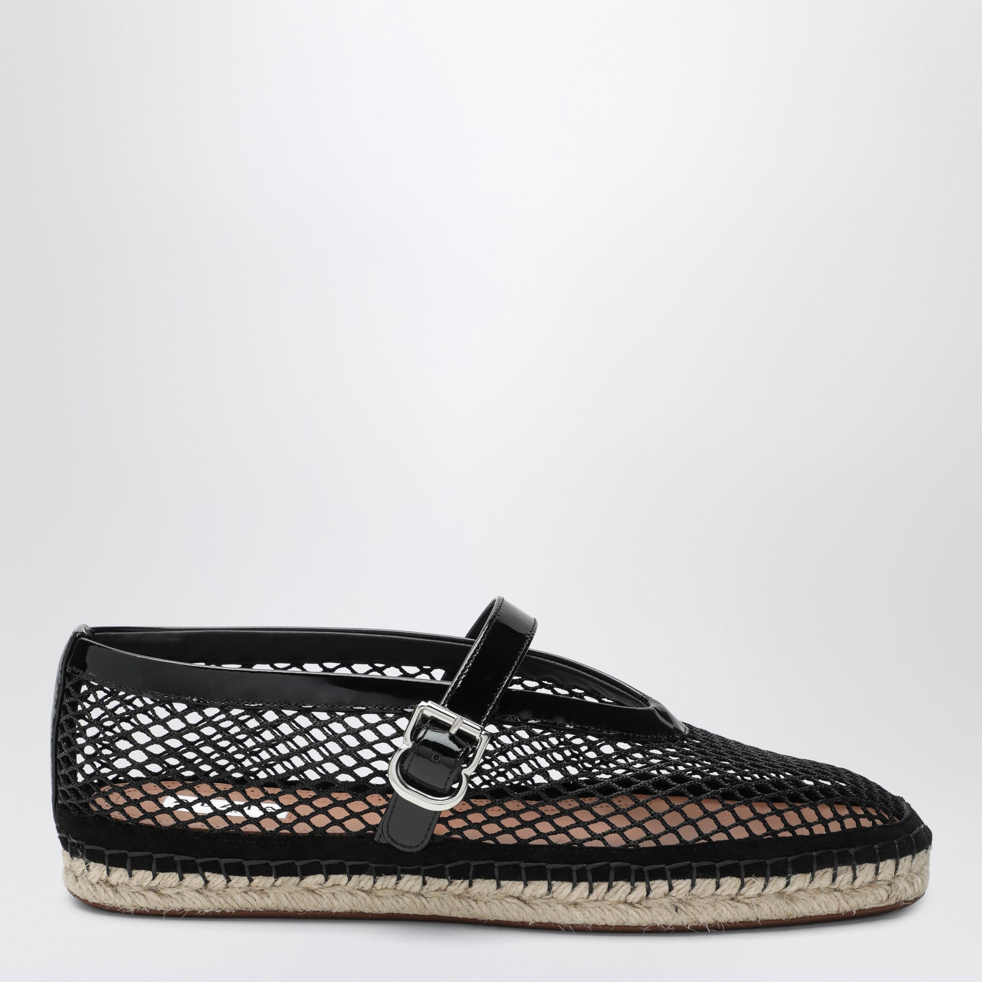 Mesh and patent leather espadrilles in black